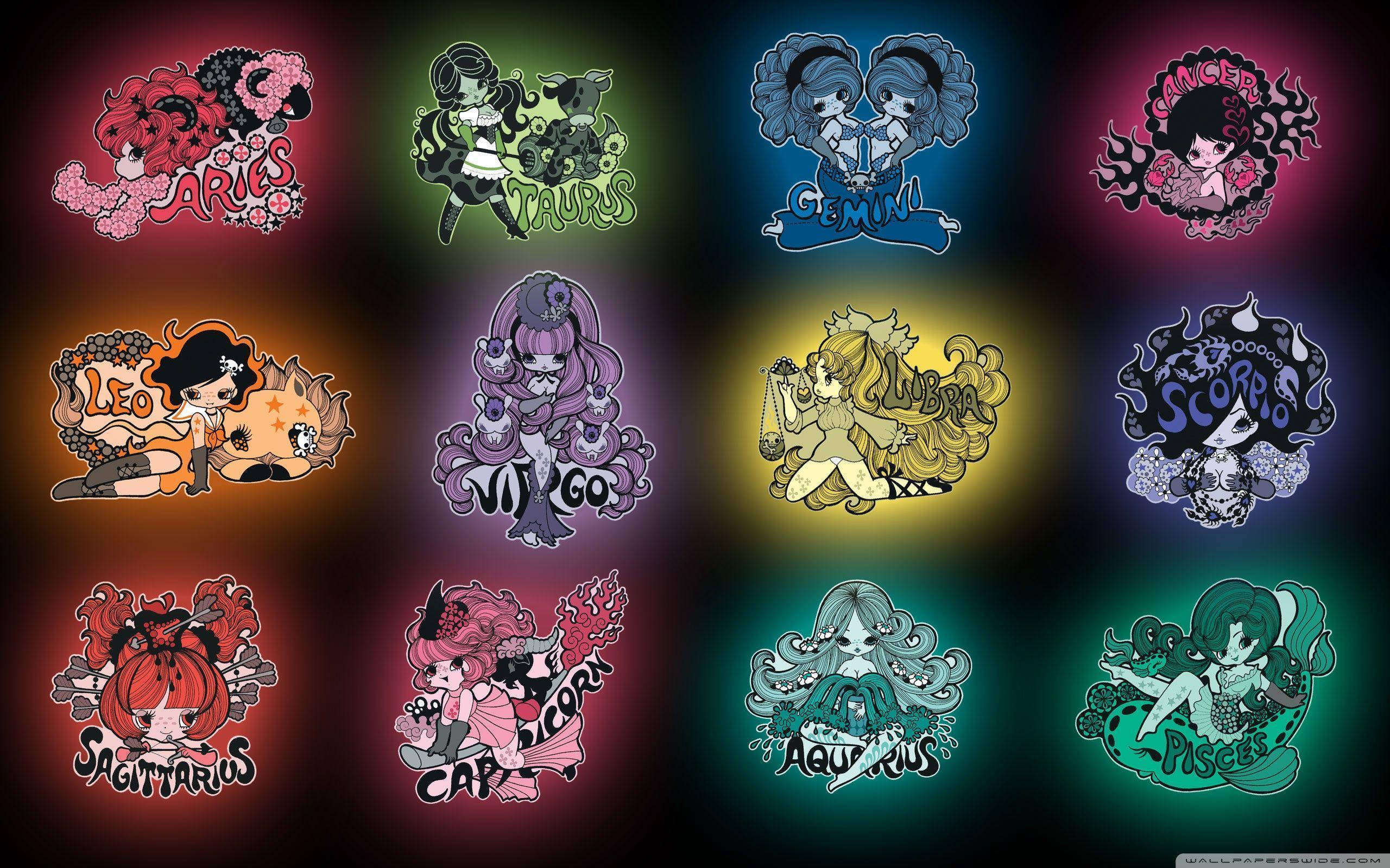 Cancer Aesthetic, zodiac characters, neon hues, 2K Desktop Wallpaper