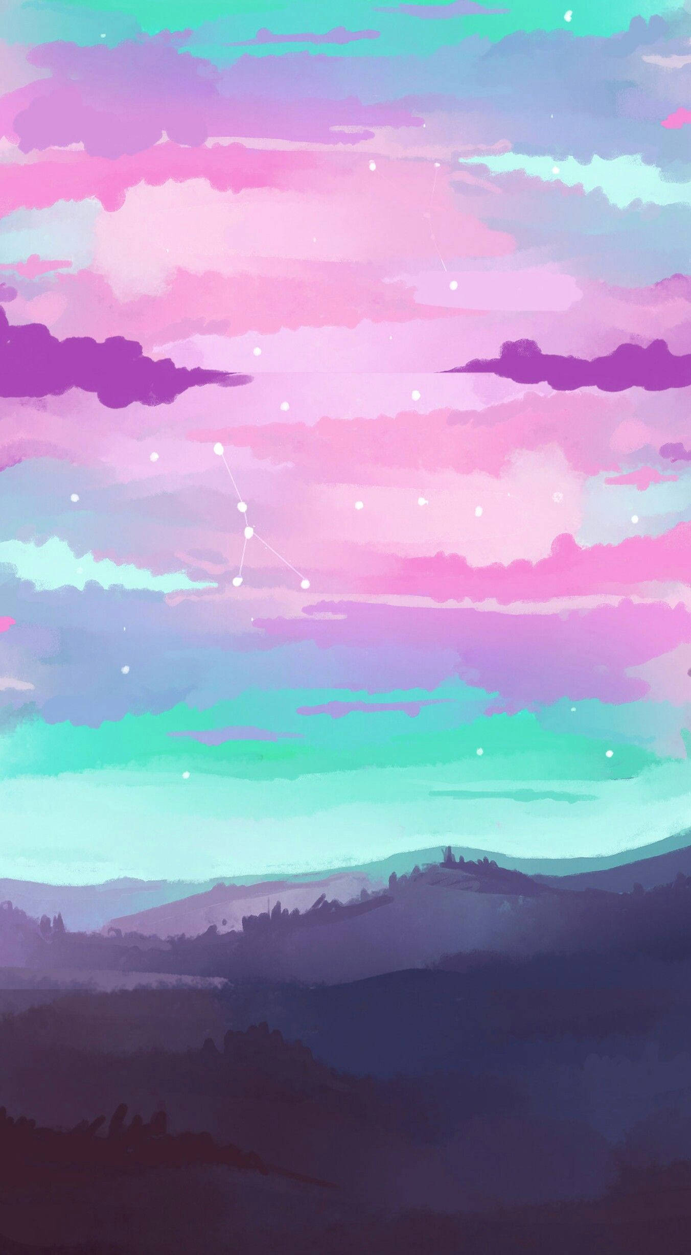 Cancer Aesthetic, star constellation, pink purple and teal clouds, Full HD Phone Wallpaper