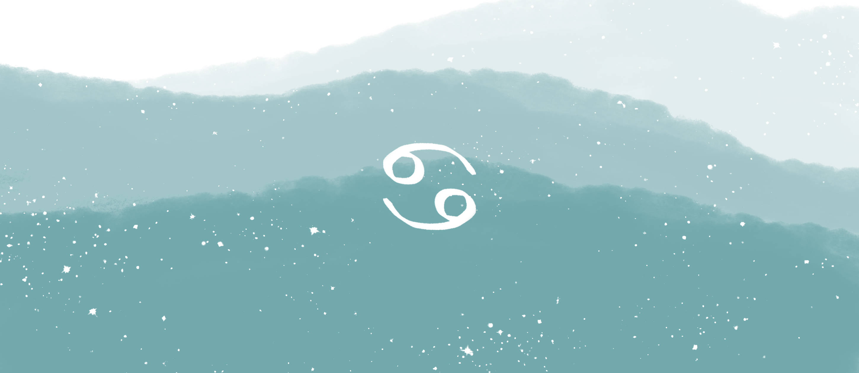 Cancer zodiac, teal mountains, watercolor-style illustration, 2K Desktop Wallpaper