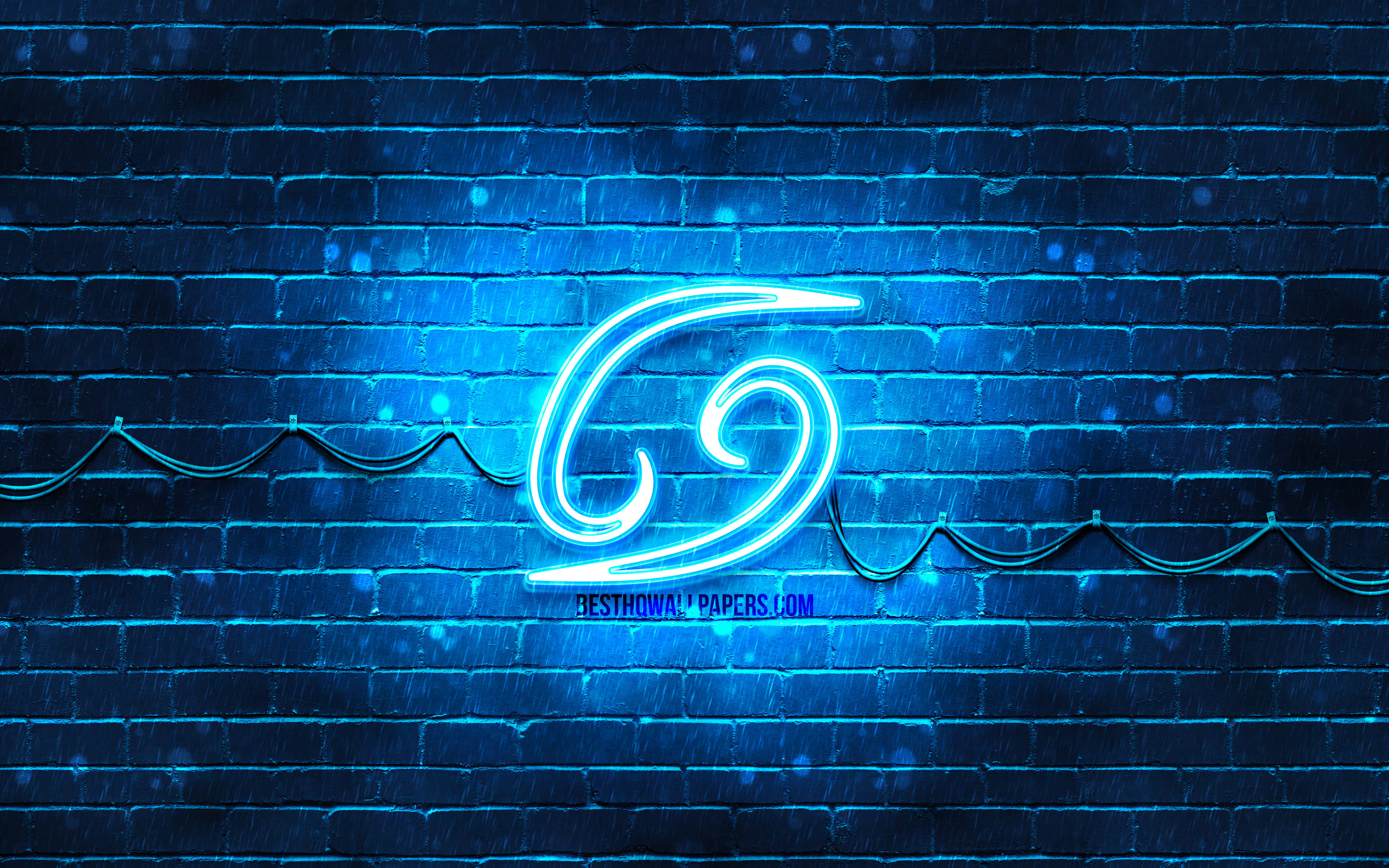 neon sign, blue neon swirl, wet brick wall, 4K Desktop Wallpaper