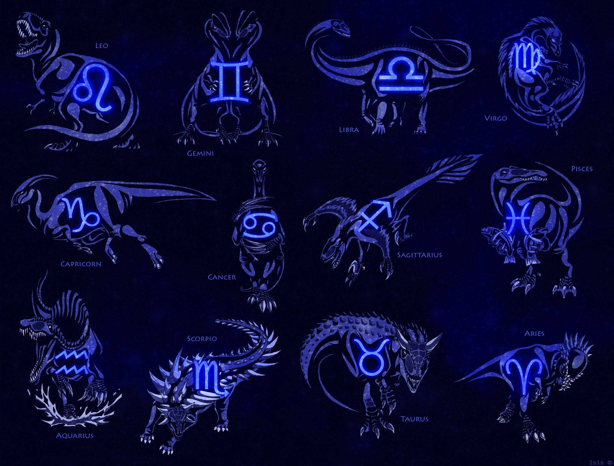 Cancer Zodiac Sign, glowing blue dinosaur silhouettes, dark background, Full HD Desktop Wallpaper