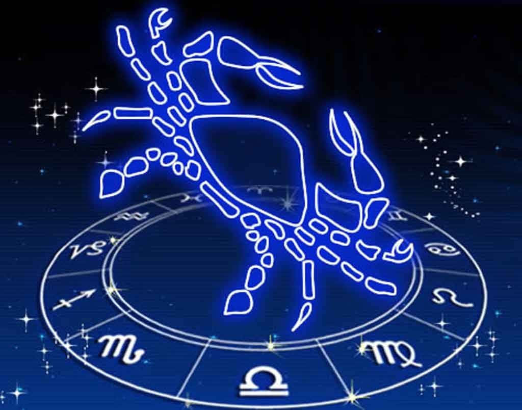 blue neon crab zodiac symbol, circular astrological chart, starry night sky, SD Desktop Wallpaper