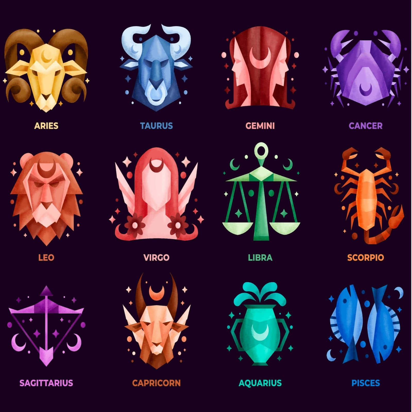 zodiac signs, dark purple background, sparkling accents, HD Desktop Wallpaper