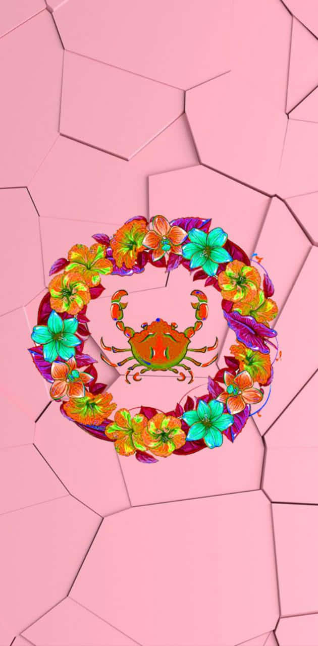 Cancer zodiac sign, cartoon crab, colorful floral wreath, HD Phone Wallpaper