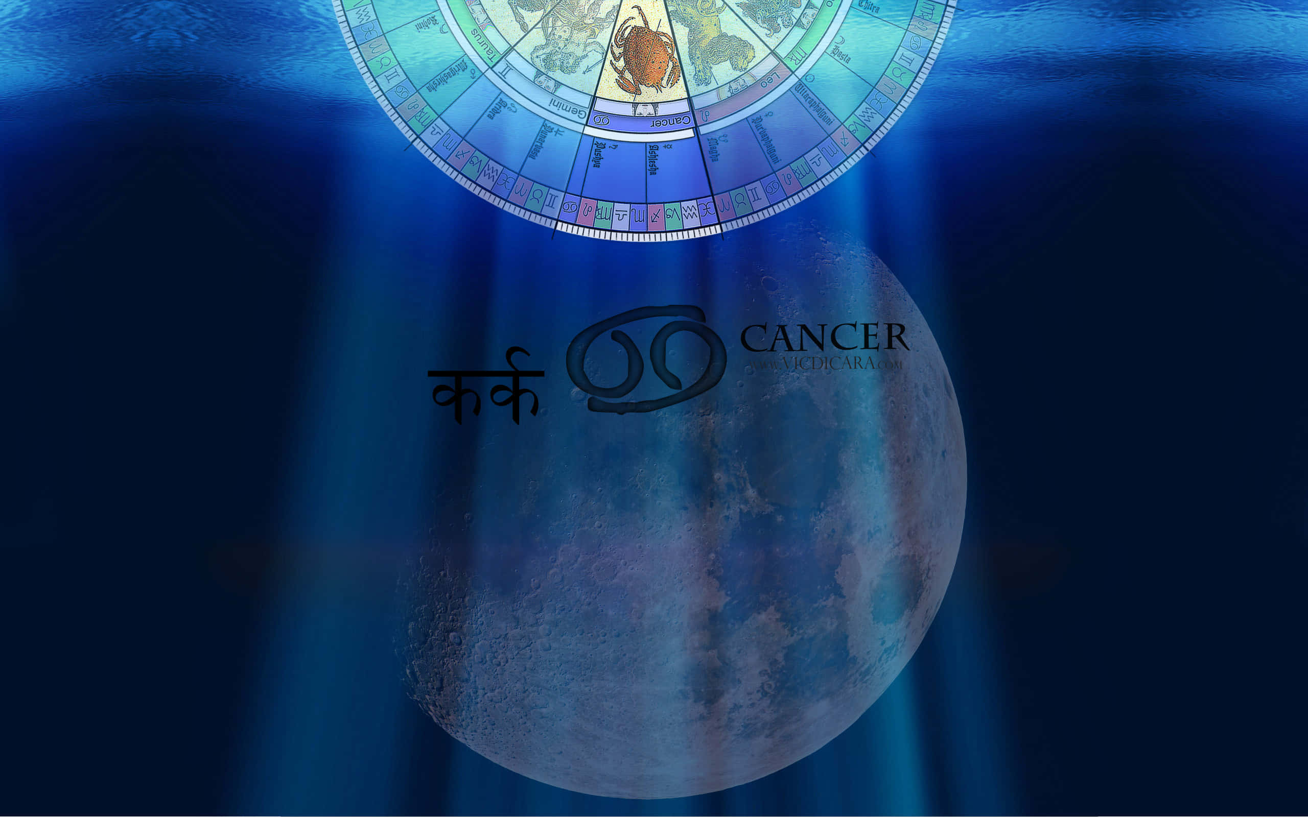 Cancer, zodiac wheel, glowing moon, 2K Desktop Wallpaper