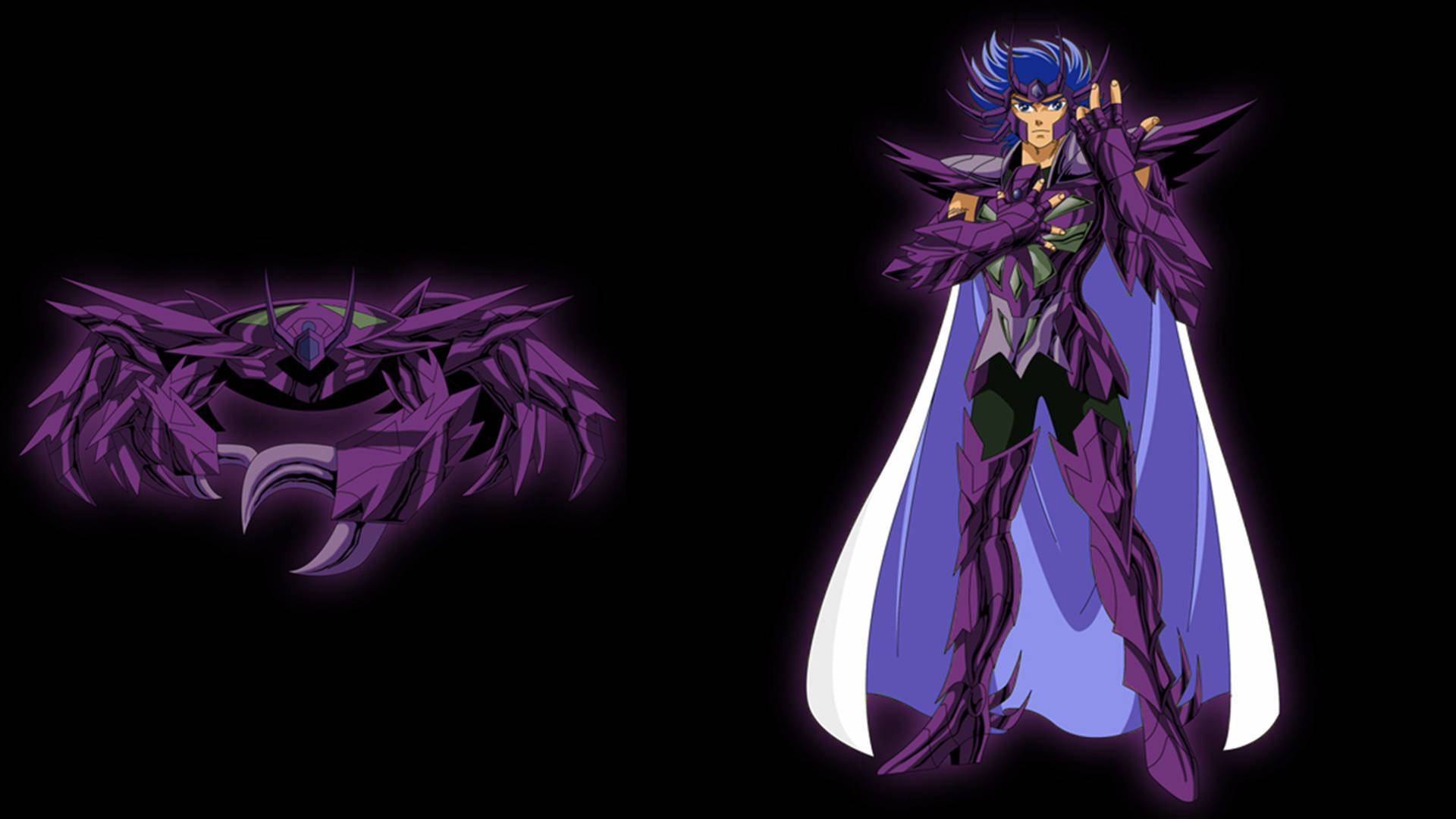 Cancer Zodiac, purple-armored anime warrior, blue hair, Full HD Desktop Wallpaper