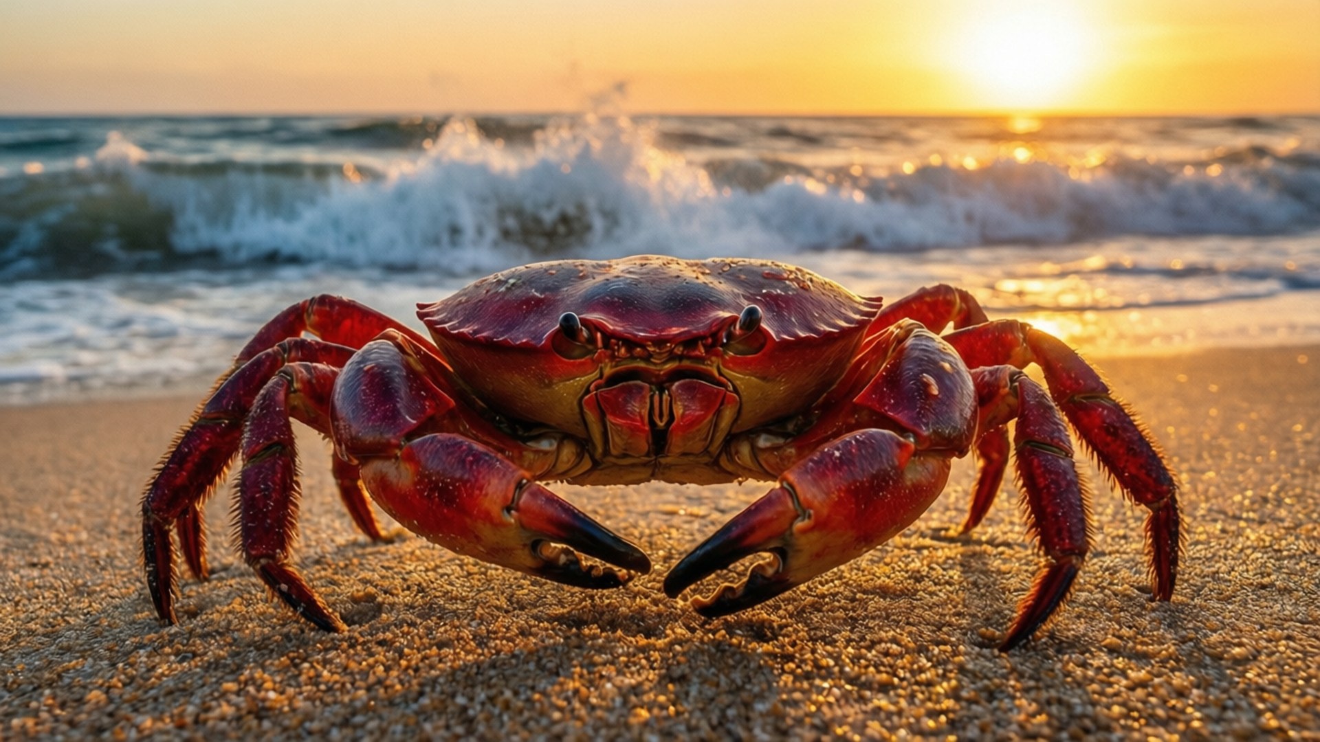 red crab, sunset beach, sunset, Full HD Desktop Wallpaper