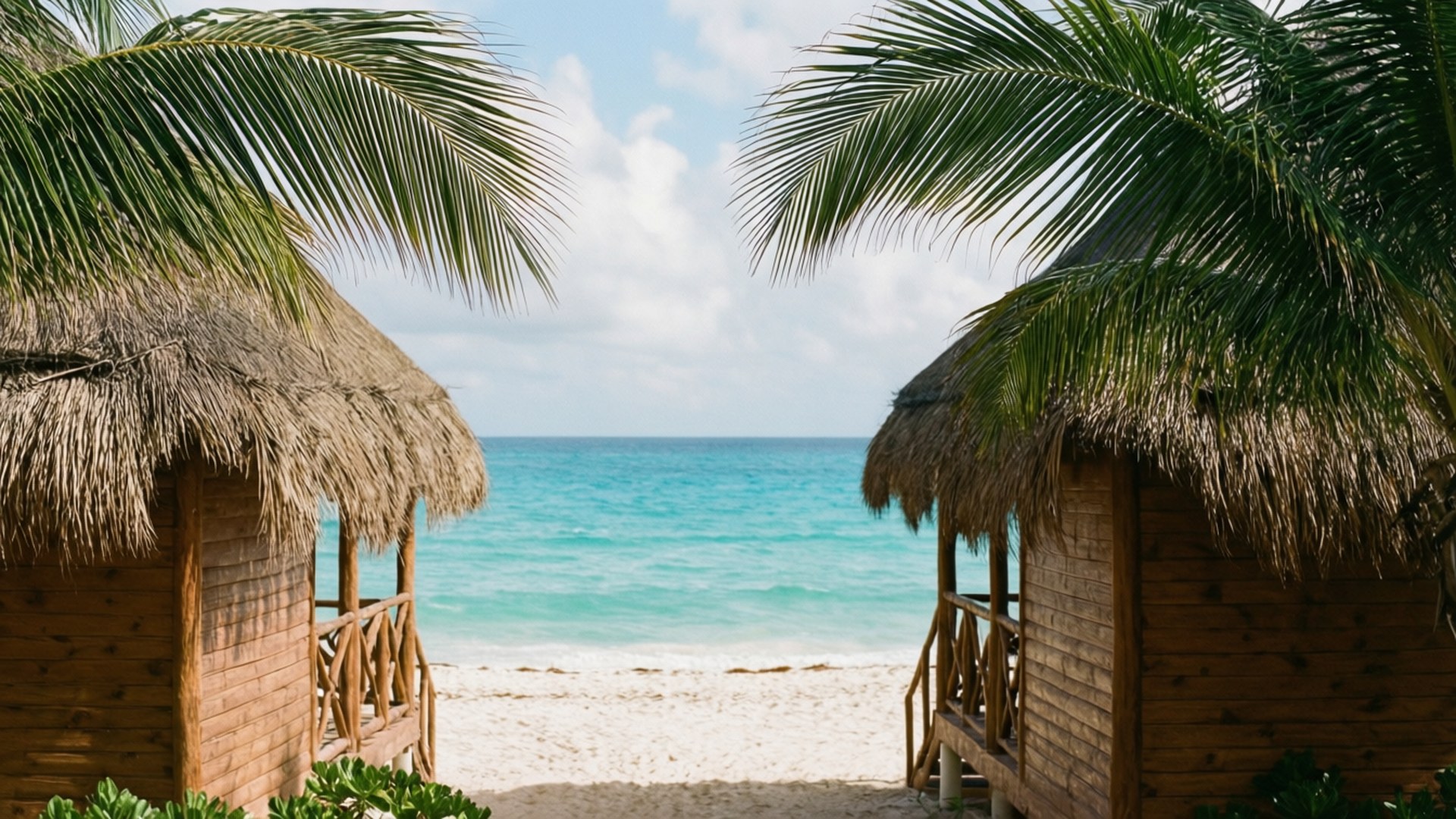 Cancun, palm huts, thatched-roof huts, Full HD Desktop Wallpaper
