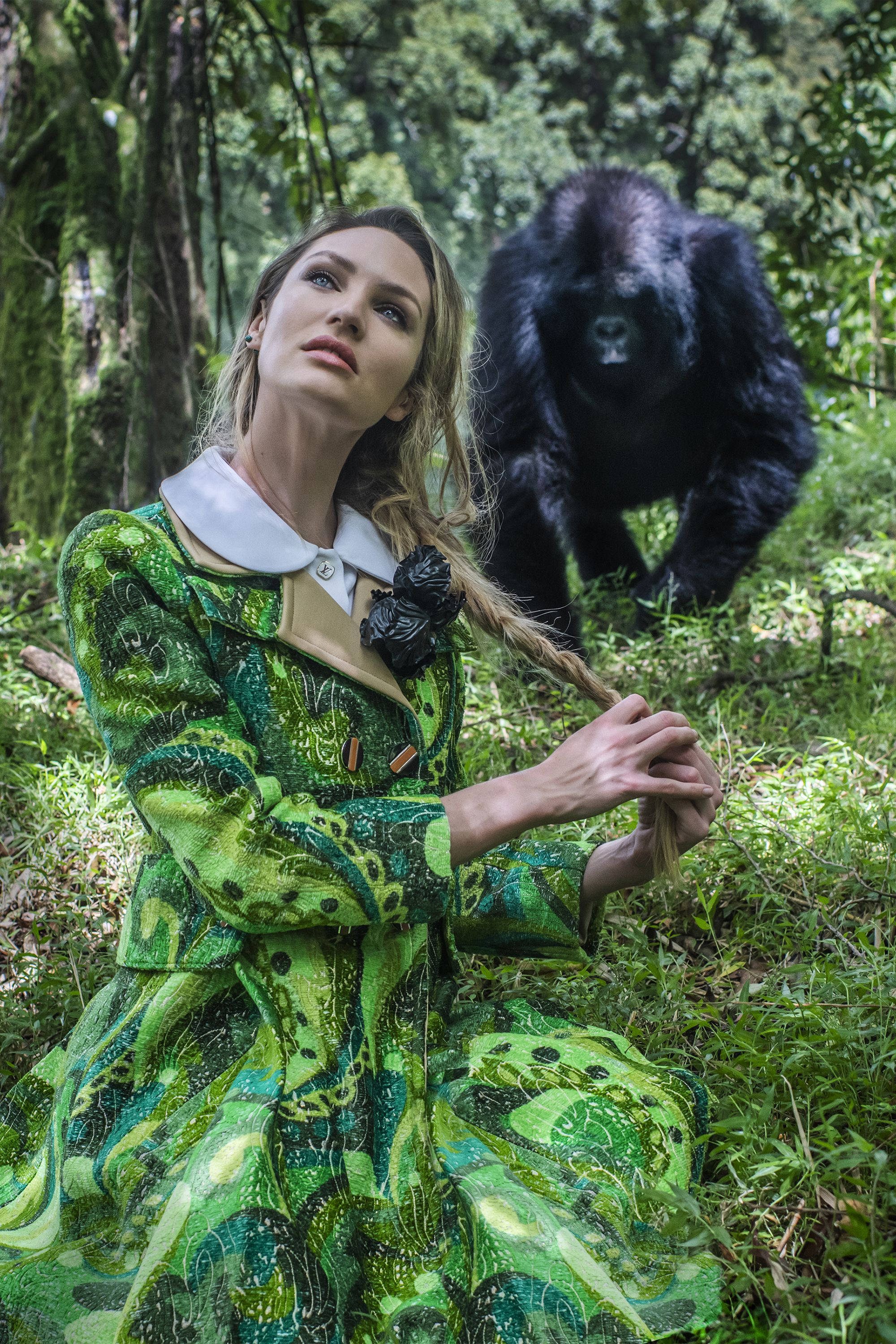 Candice Swanepoel, vibrant green patterned dress, lush forest, 2K Phone Wallpaper