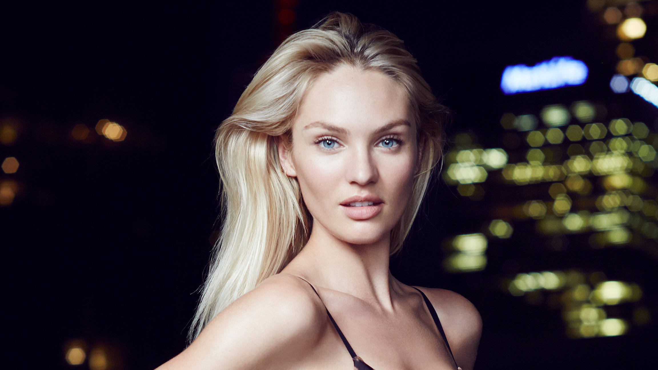 Candice Swanepoel, city night, blurred city backdrop, Full HD Desktop Wallpaper