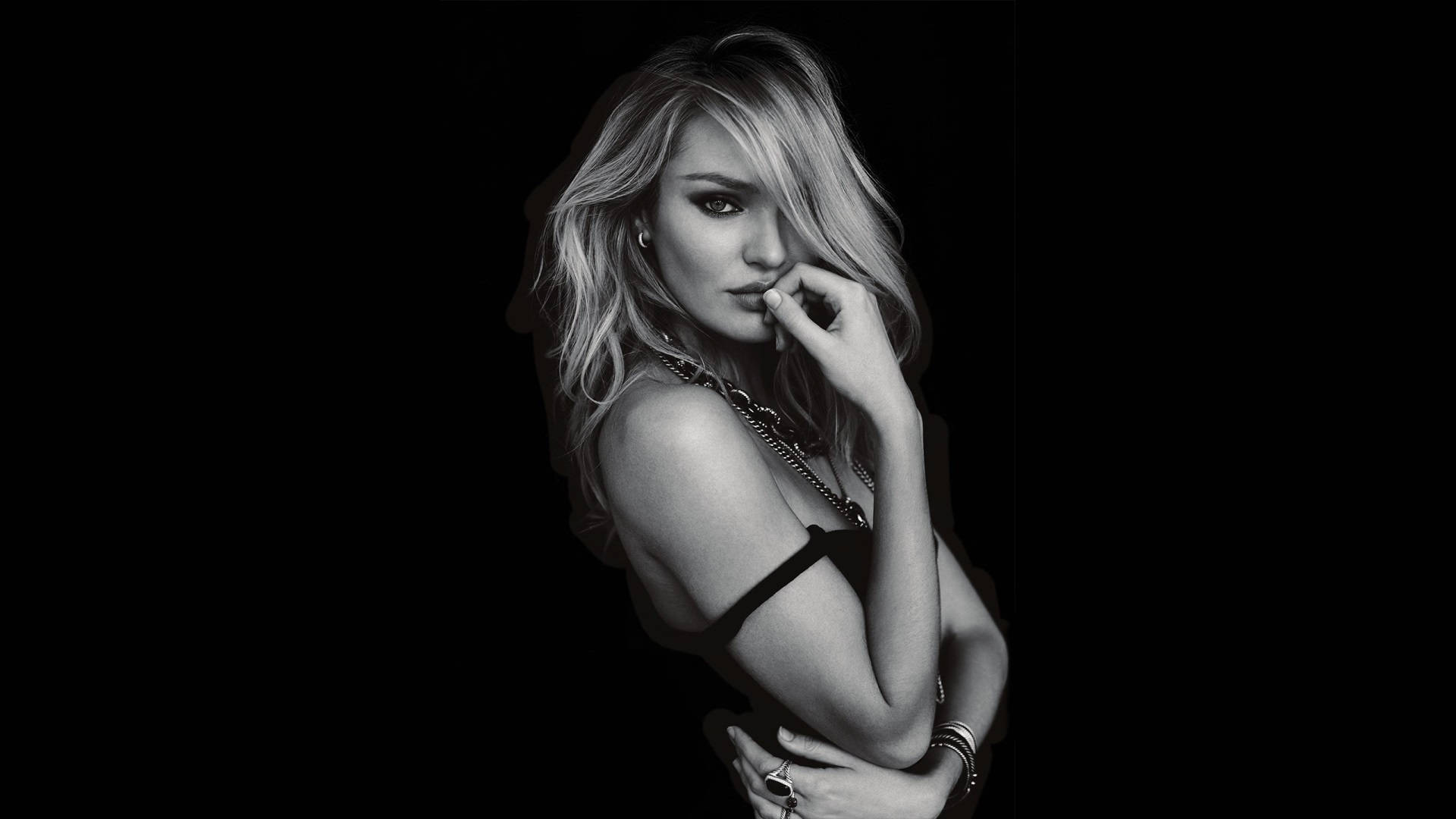 Candice Swanepoel, monochrome photography, black and white portrait, Full HD Desktop Wallpaper
