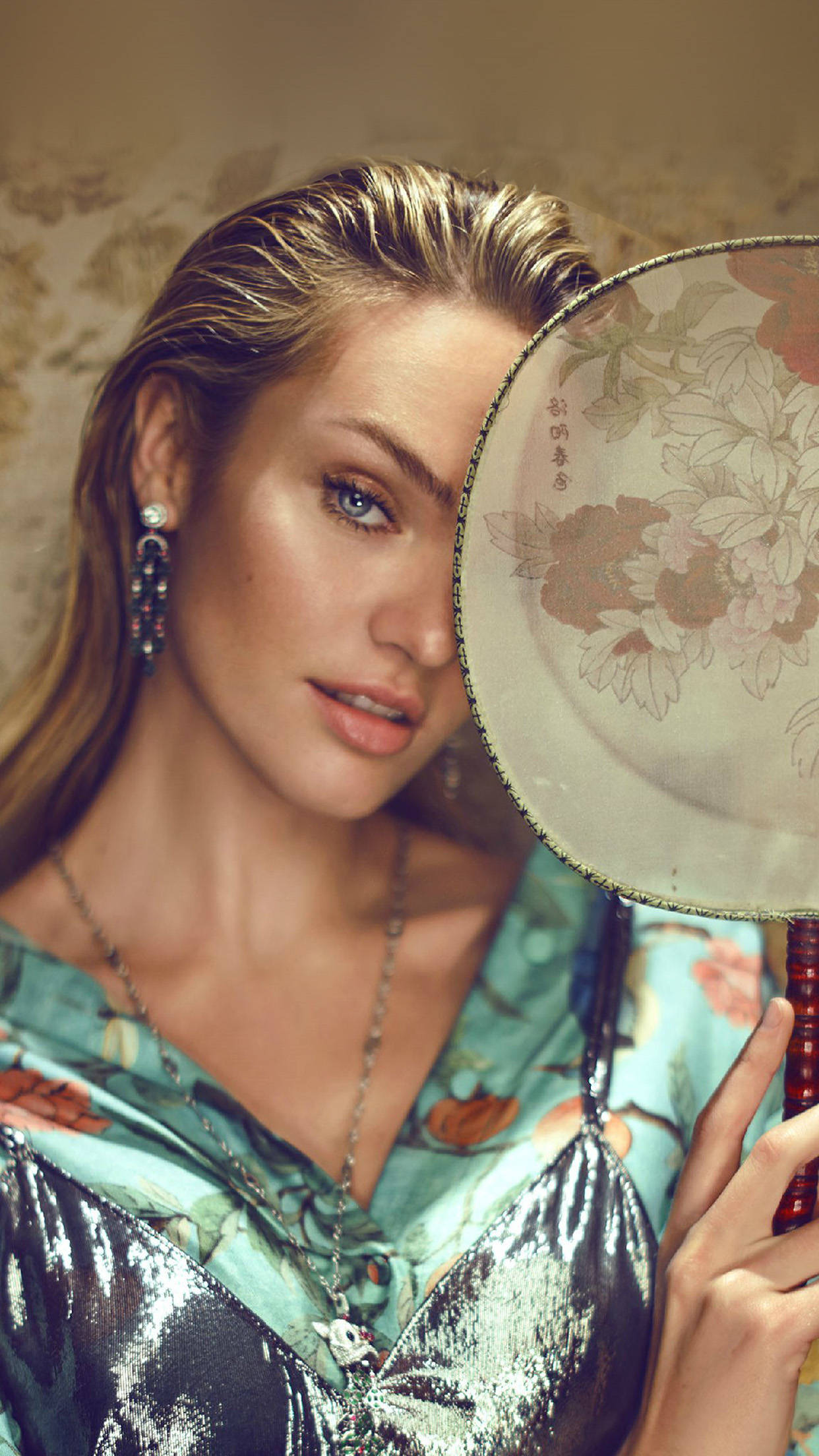 Candice Swanepoel, vintage fashion photography, floral fan, Full HD Phone Wallpaper