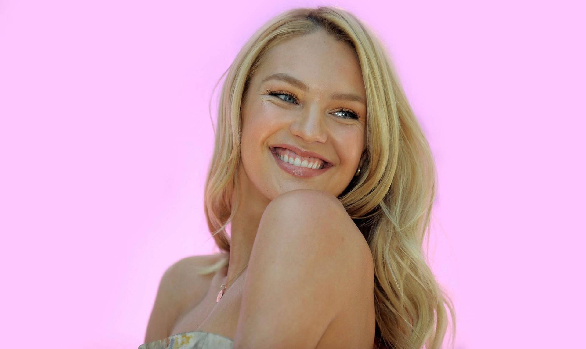 Candice Swanepoel, radiant blonde woman, solid pink background, Full HD Desktop Wallpaper