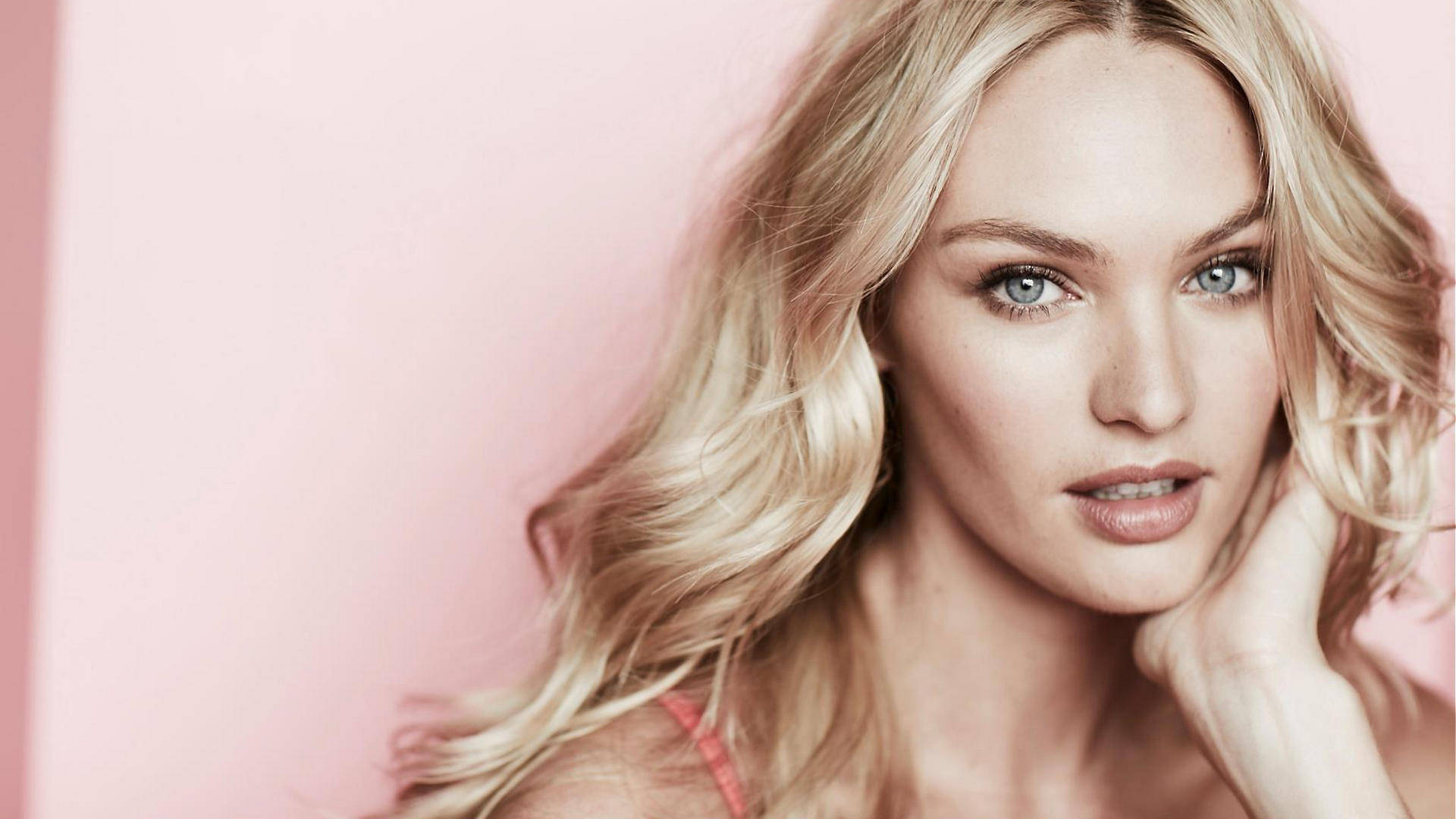 Candice Swanepoel, pink, soft pink background, Full HD Desktop Wallpaper