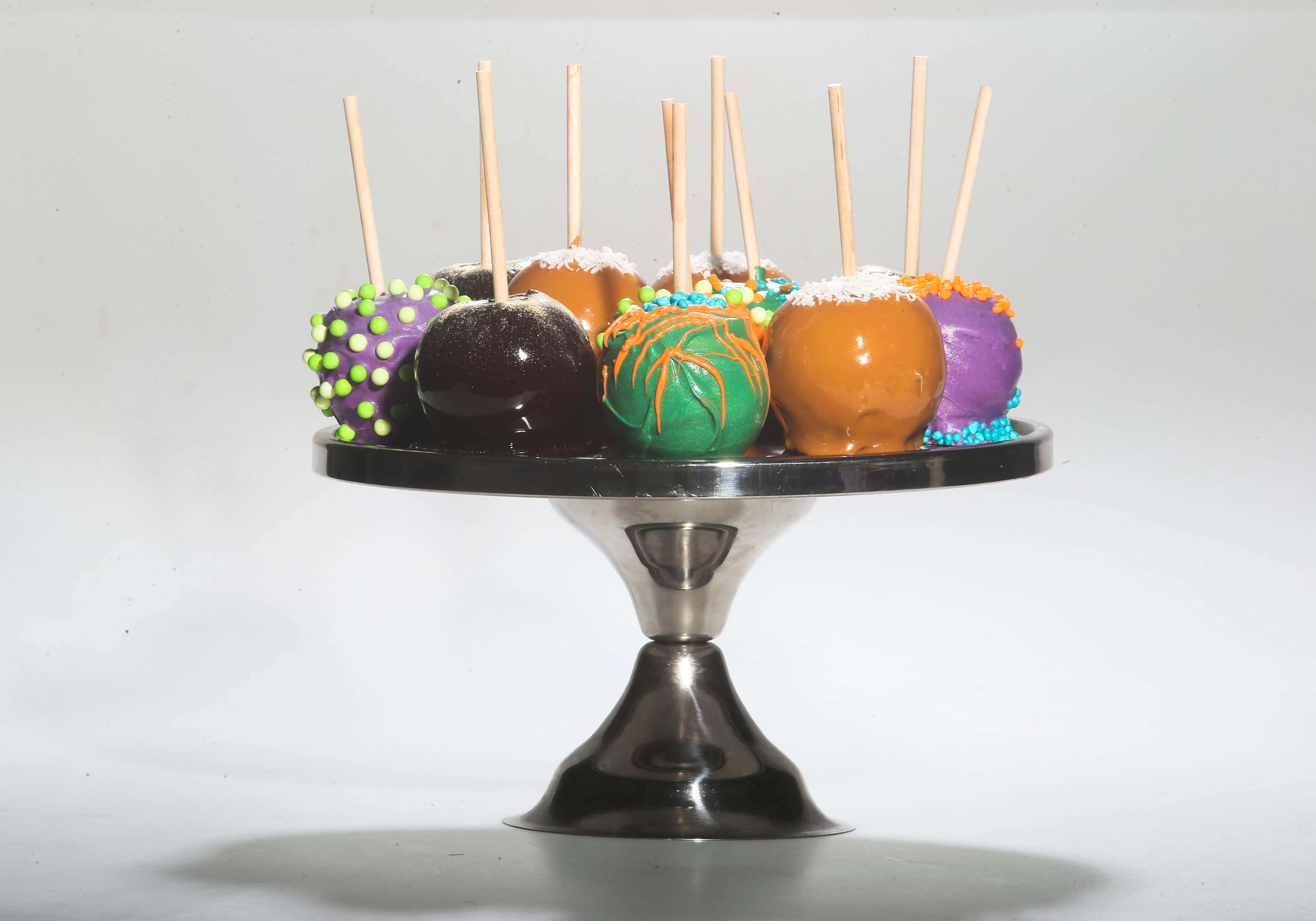 Candy Apples, silver cake stand, colorful candy apples, 4K Desktop Wallpaper