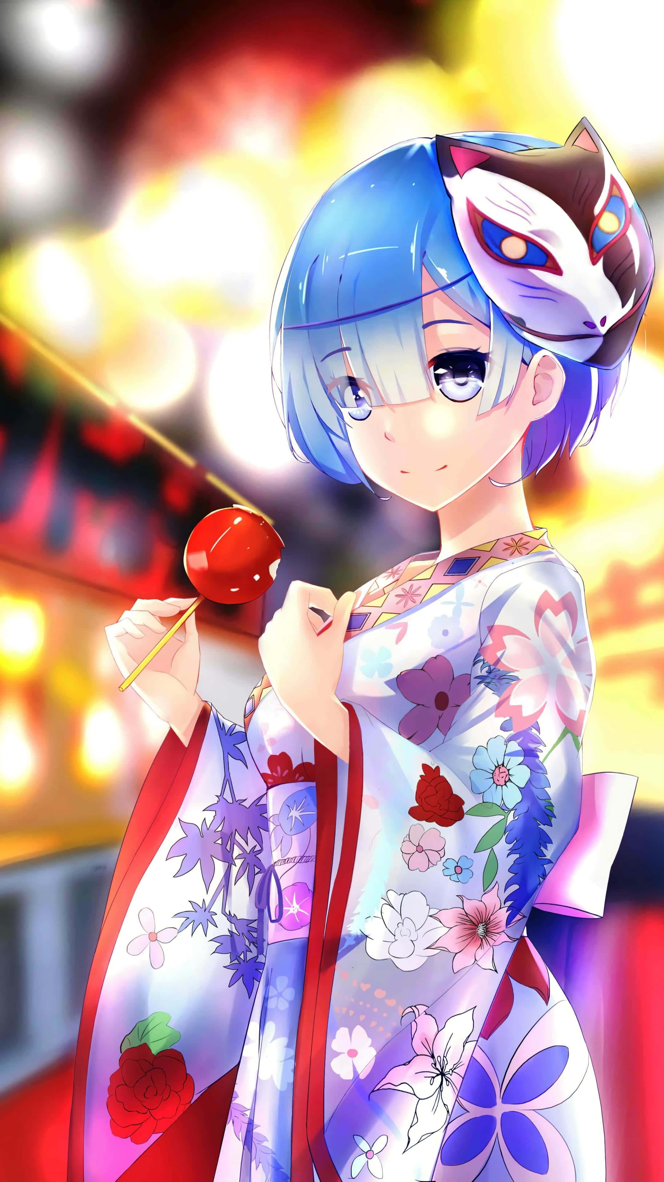 Candy Apples, blue-haired anime girl, floral kimono, 4K Phone Wallpaper