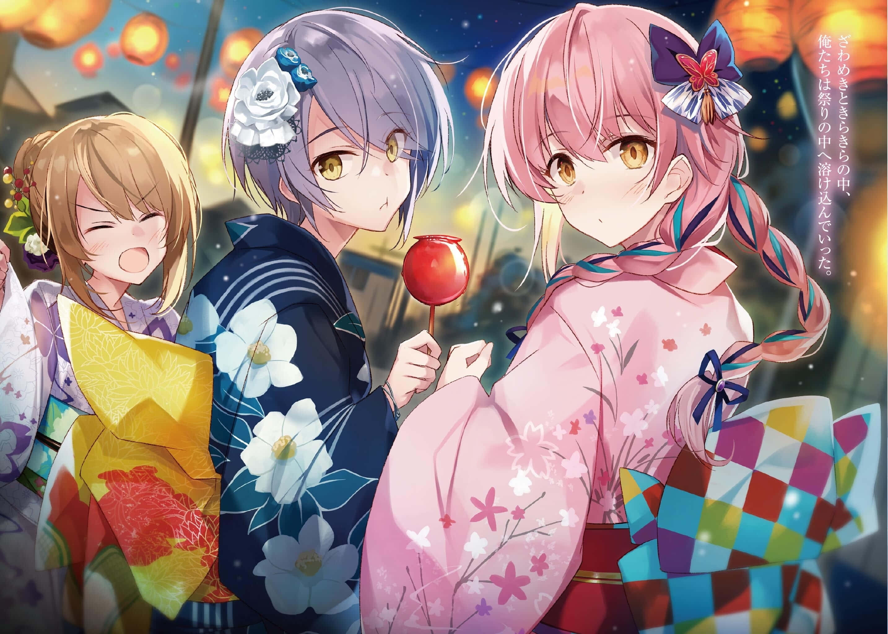 Candy Apples, anime girls, colorful kimonos, 2K Desktop Wallpaper