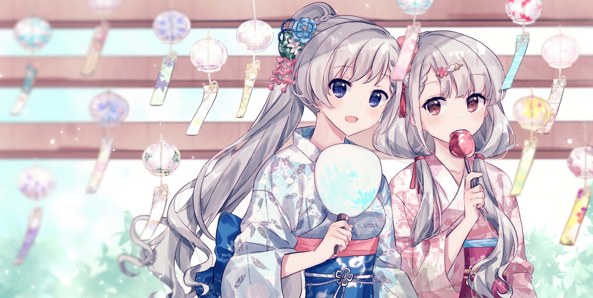 Candy Apples, anime girls, colorful kimonos, Full HD Desktop Wallpaper