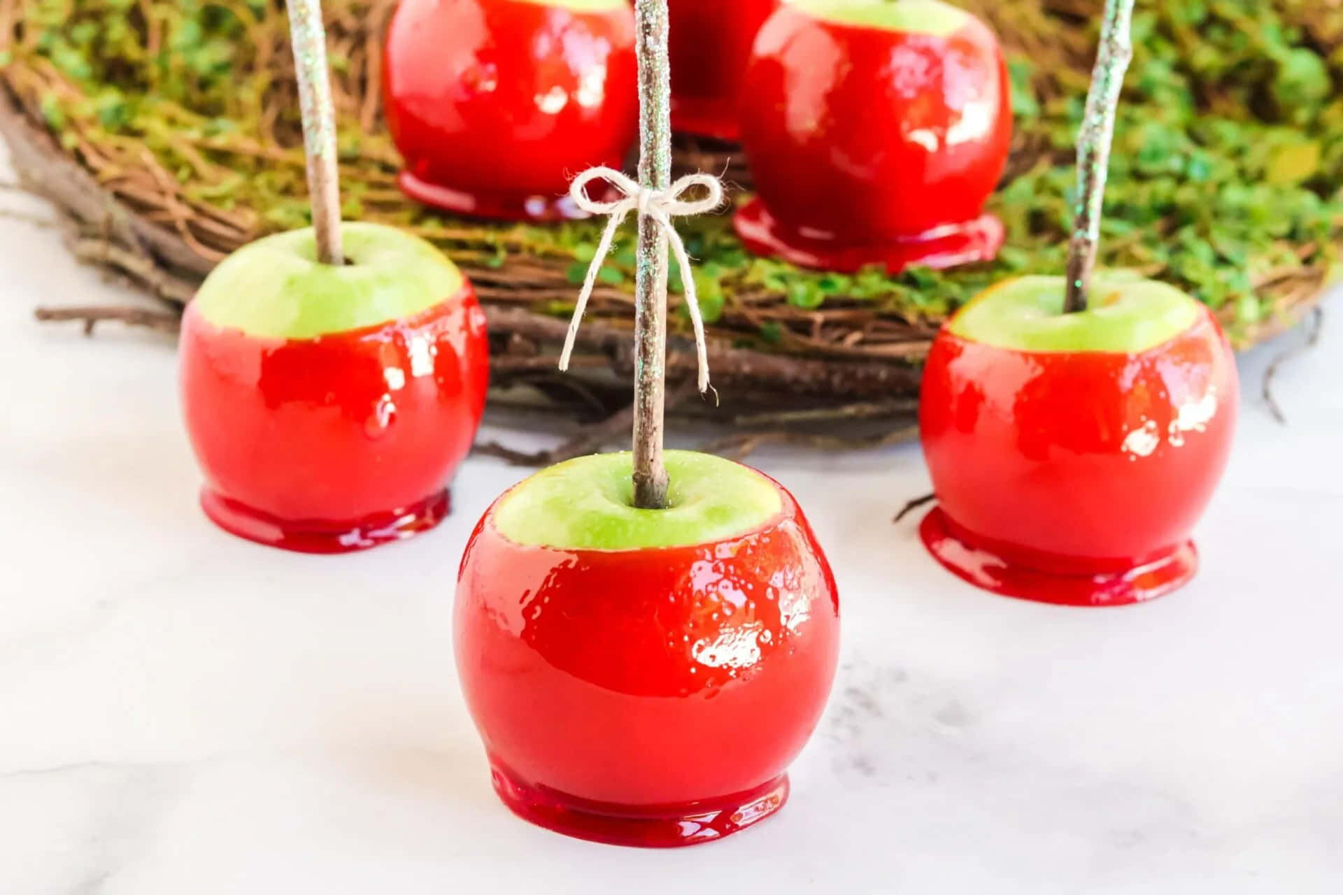 Candy Apples, glossy red, white marble surface, Full HD Desktop Wallpaper