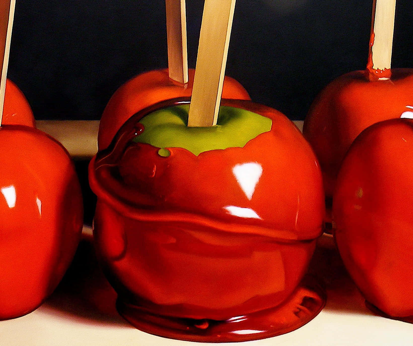 Candy Apples, glossy red, green stems, HD Desktop Wallpaper