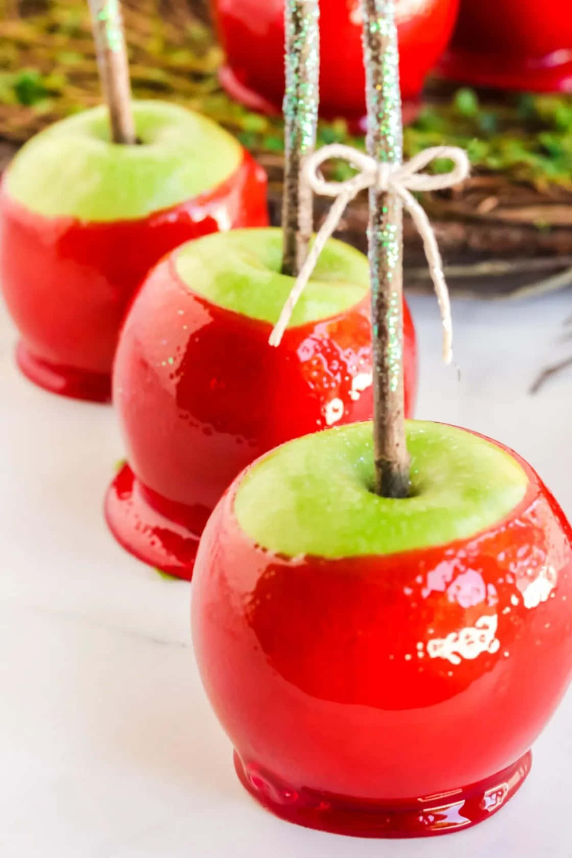 Candy Apples, glossy red, green stems, HD Phone Wallpaper