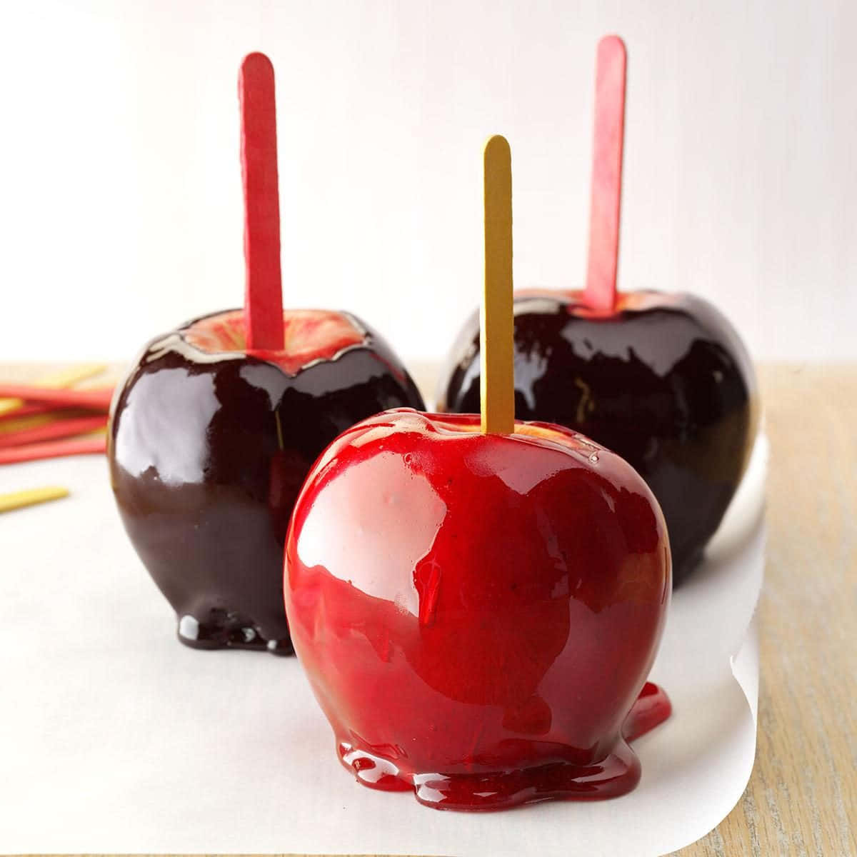 Candy Apples, glossy caramel apples, colorful sticks, SD Desktop Wallpaper