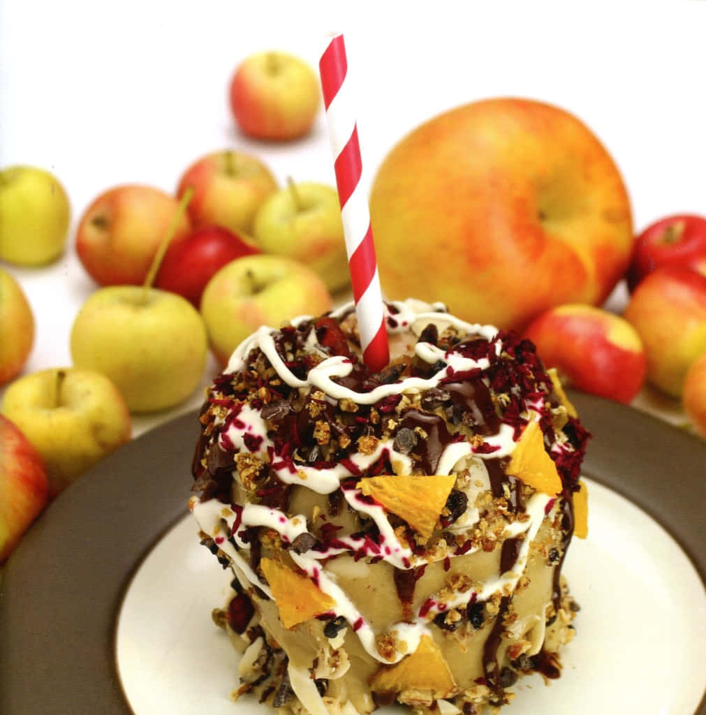 candy apples, red white striped straw, chocolate drizzle, SD Phone Wallpaper