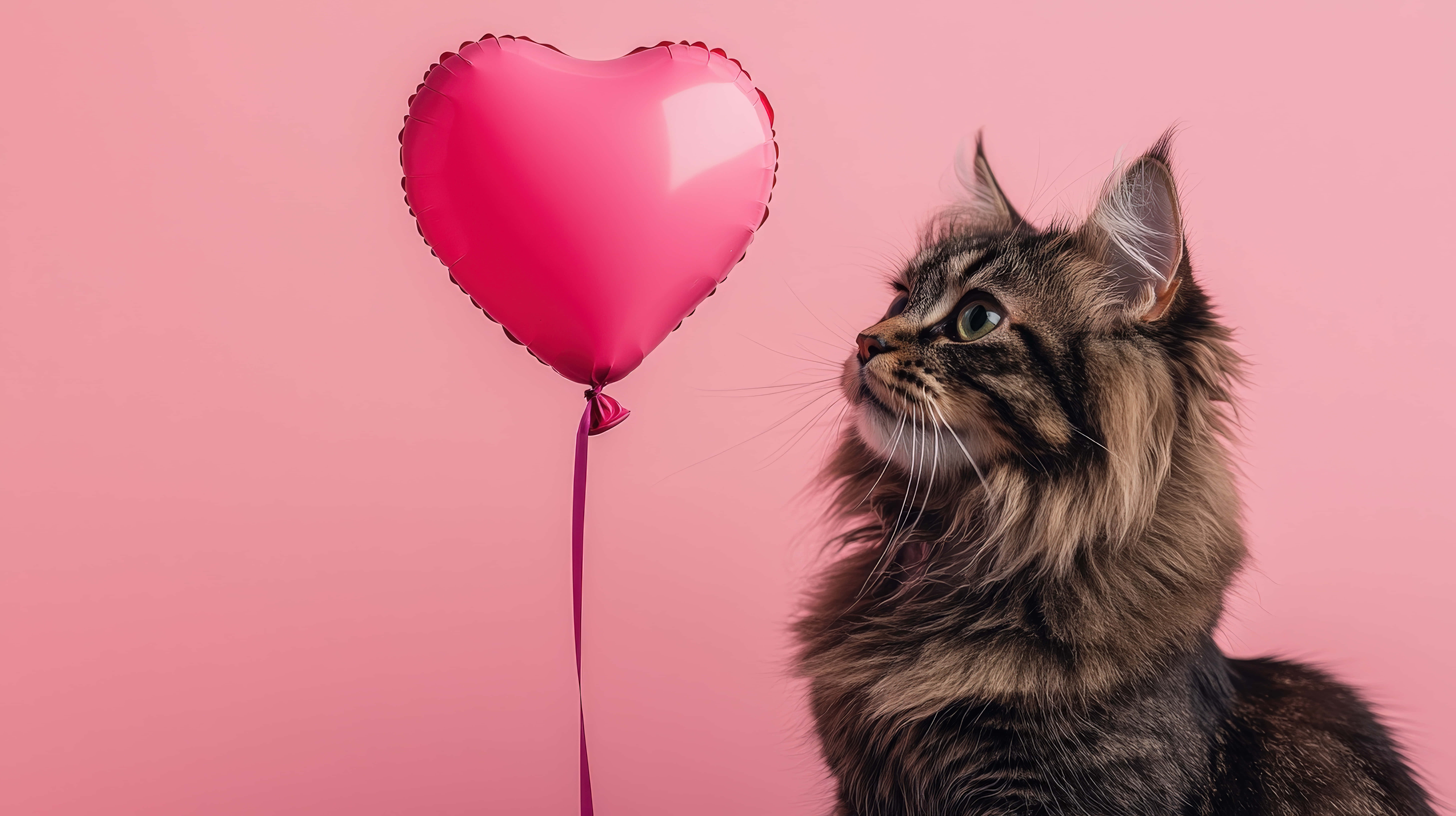 fluffy brown tabby cat, shiny pink heart-shaped balloon, soft pink background, 8K Desktop Wallpaper