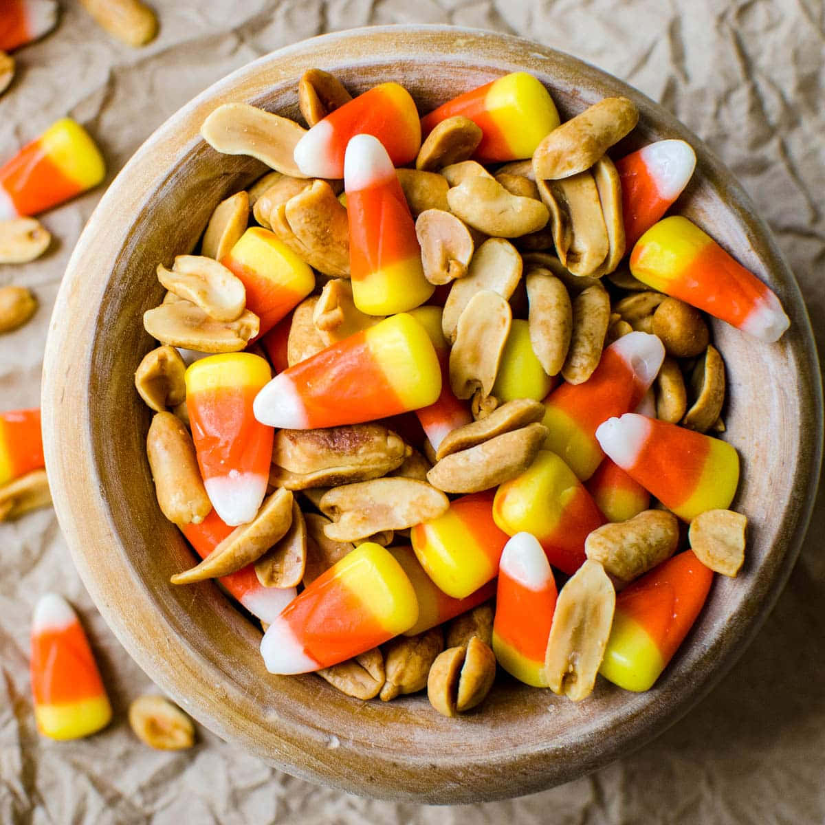 candy corn, roasted peanuts, wooden bowl, SD Desktop Wallpaper