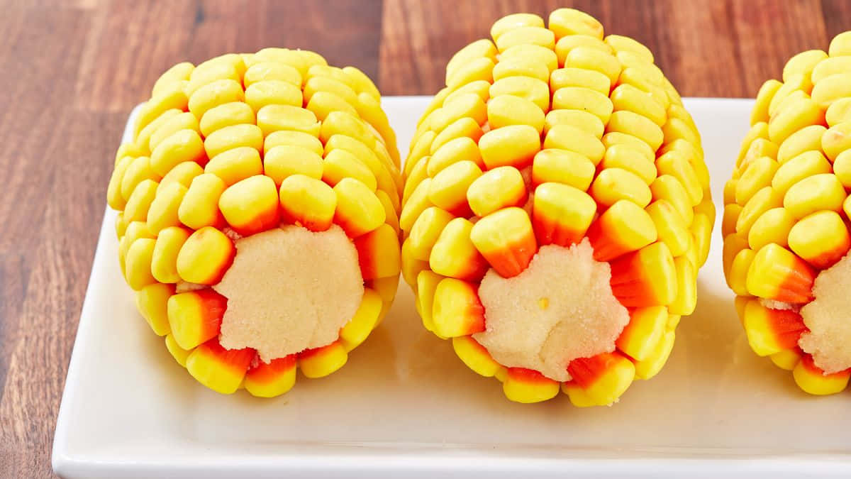 Candy Corn Cheesecake Bites, candy corn shaped corn cobs, yellow orange kernels, SD Desktop Wallpaper