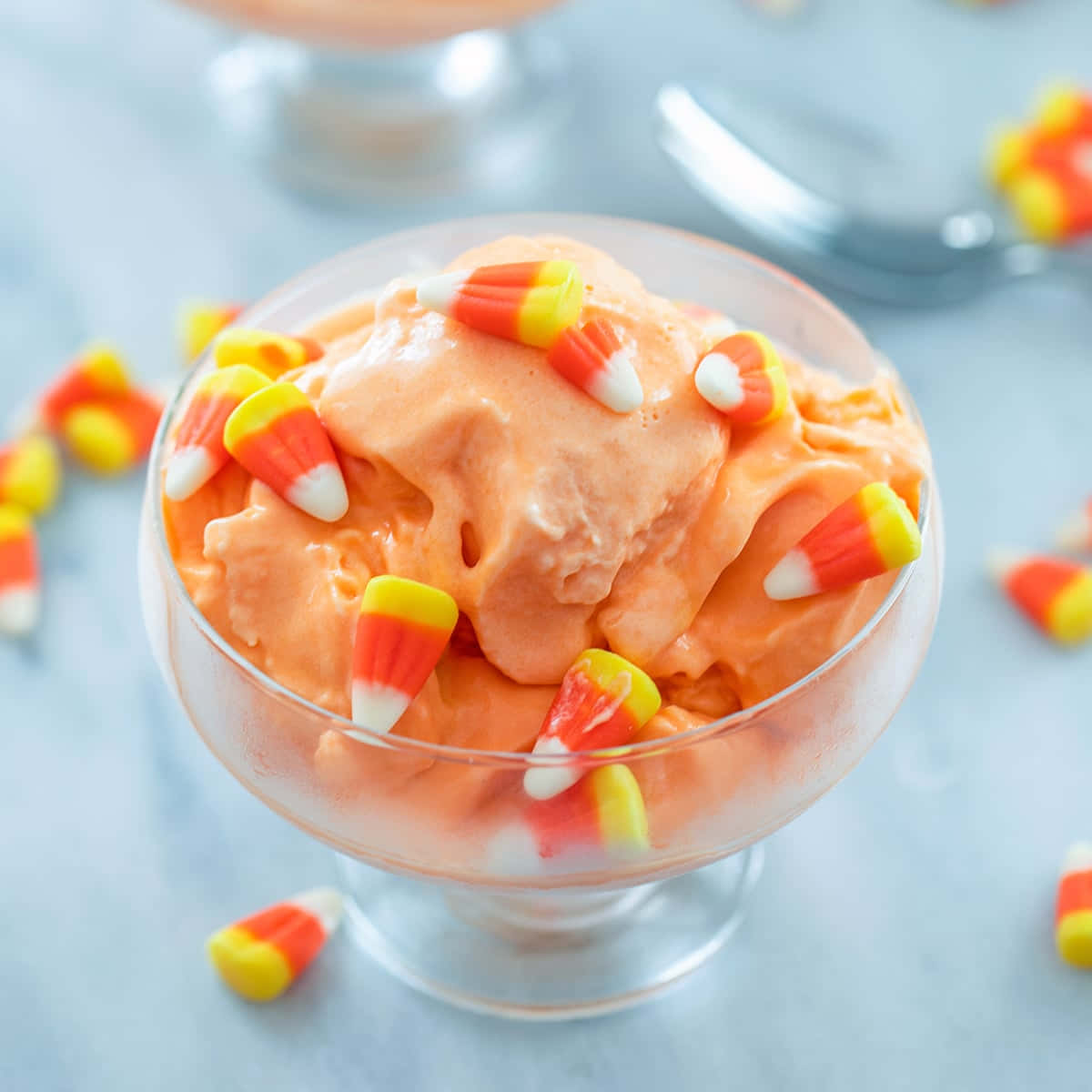 candy corn, creamy orange ice cream, glass bowl, SD Desktop Wallpaper