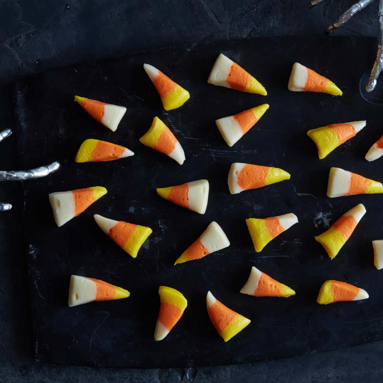 Candy Corn, dark textured surface, silver spider legs, HD Desktop Wallpaper