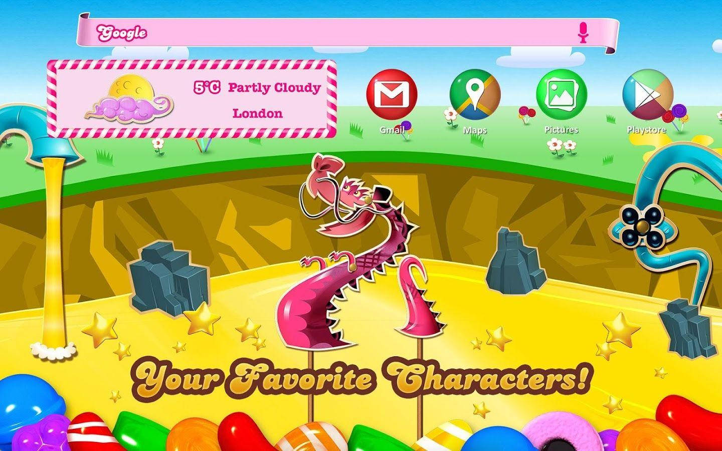 Candy Crush Saga, whimsical cartoon dragon, candy-colored landscape, HD Desktop Wallpaper