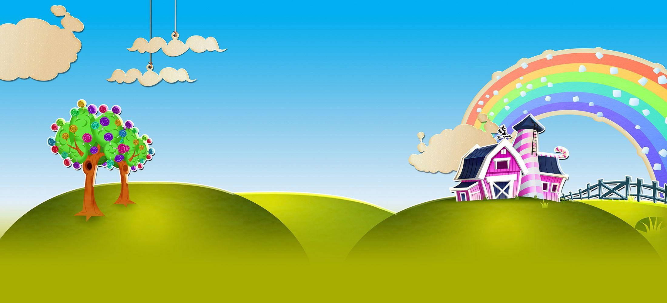 Candy Crush Saga, pink barn, rainbow, Full HD Desktop Wallpaper