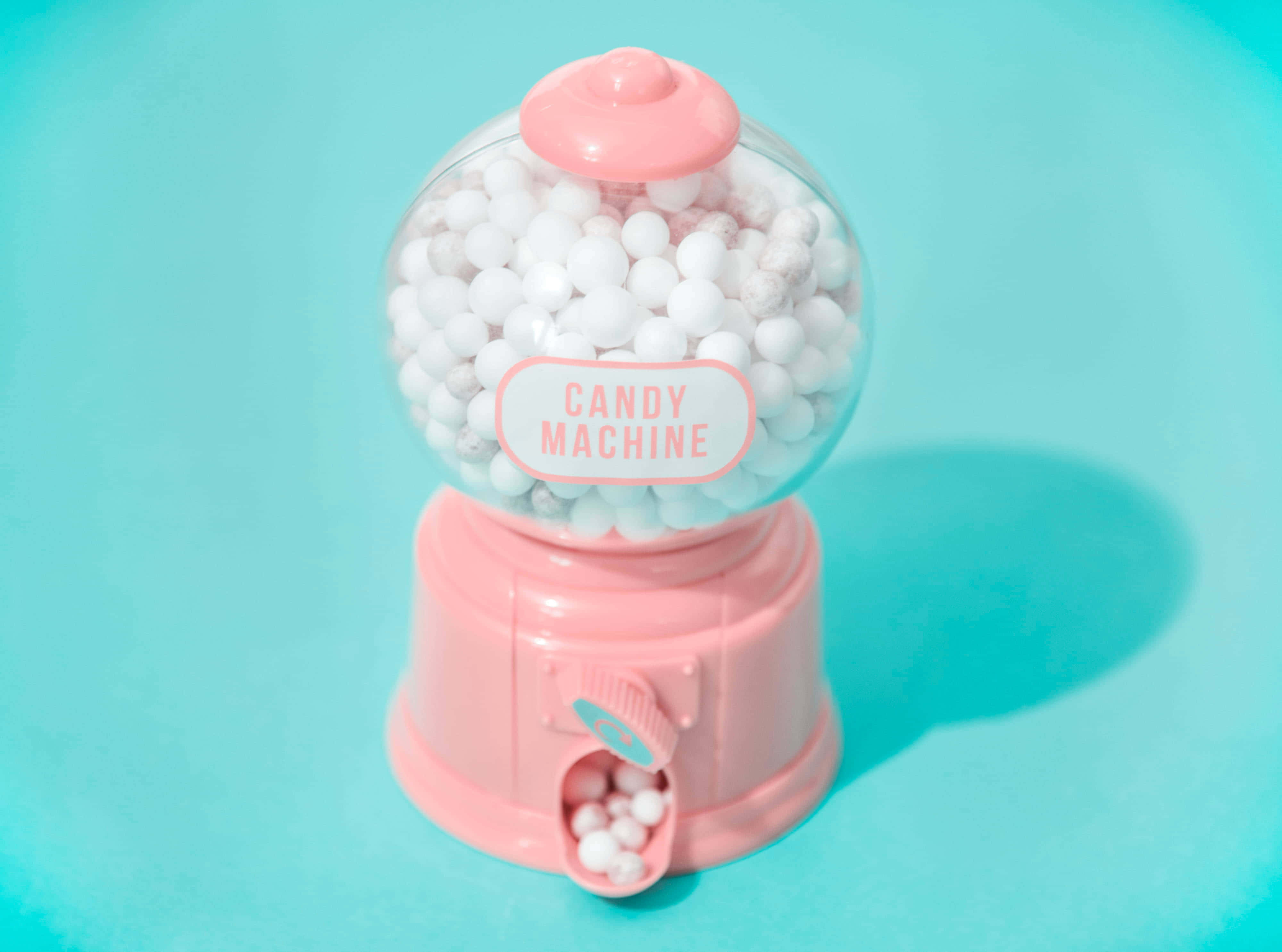 pink gumball machine, white spheres, vibrant turquoise background, 4K Desktop Wallpaper