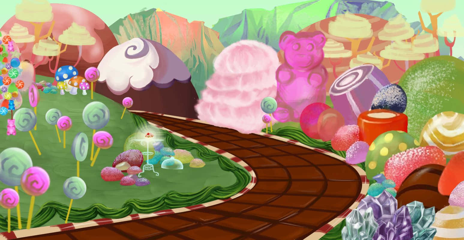 Candy Land, chocolate path, giant lollipops, HD Desktop Wallpaper