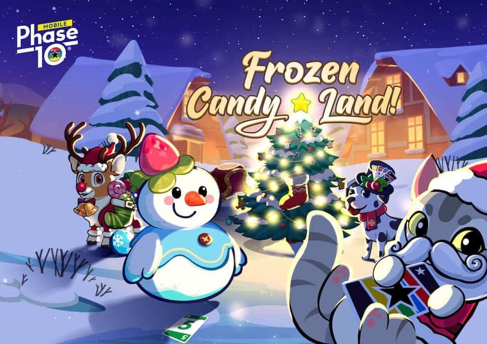 Candy Land, snowman reindeer, cat playing cards, SD Desktop Wallpaper