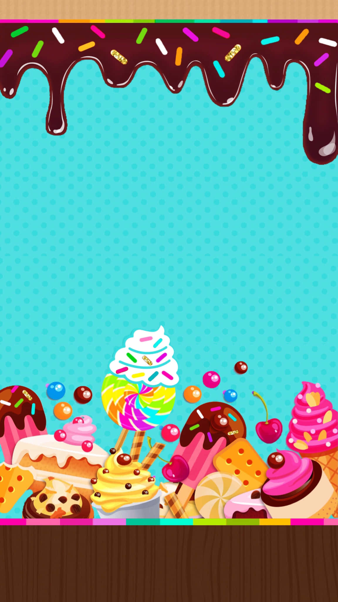 Candy Land, teal polka dot background, dripping chocolate, Full HD Phone Wallpaper