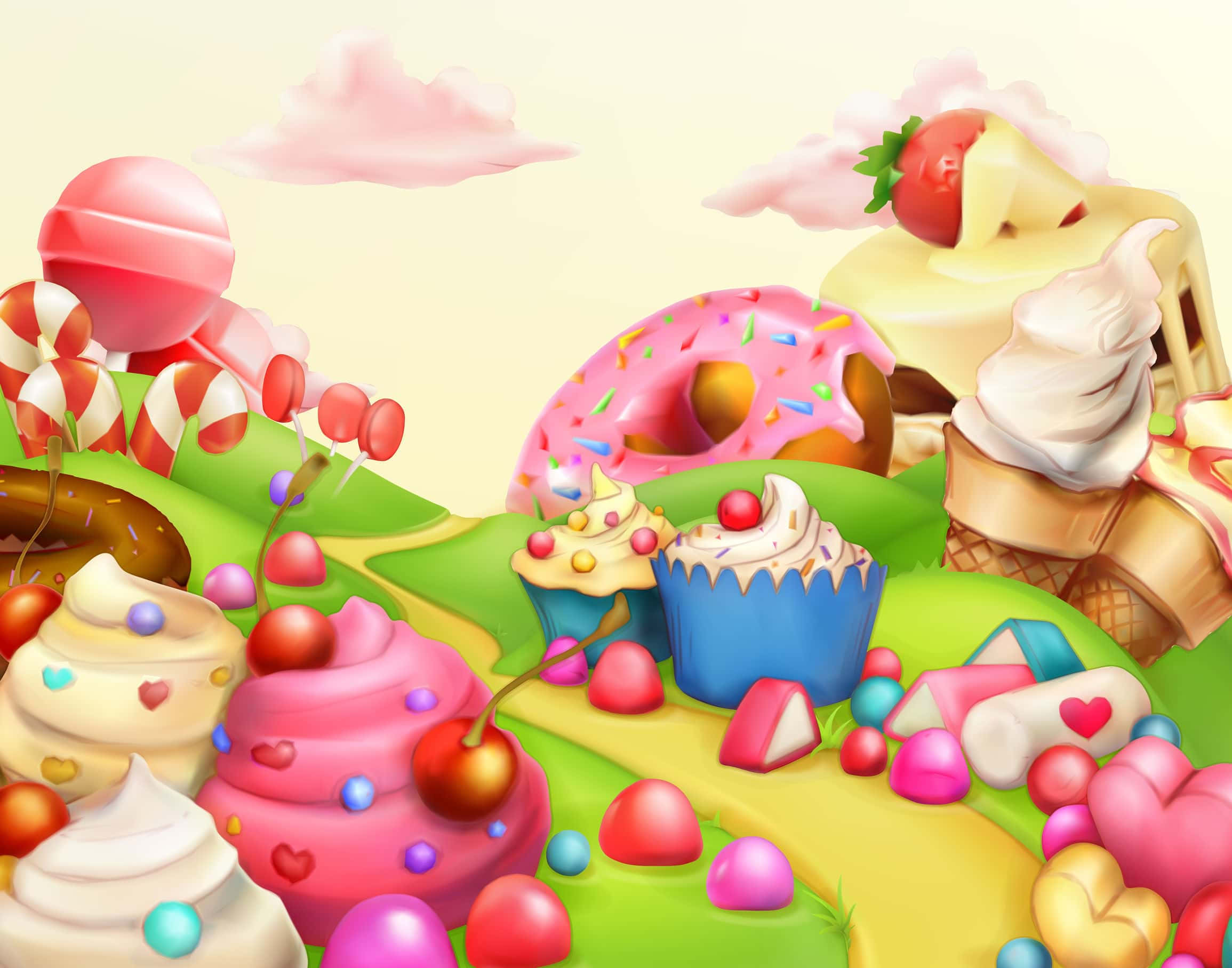 Candy Land, giant cupcakes, lollipops, Full HD Desktop Wallpaper