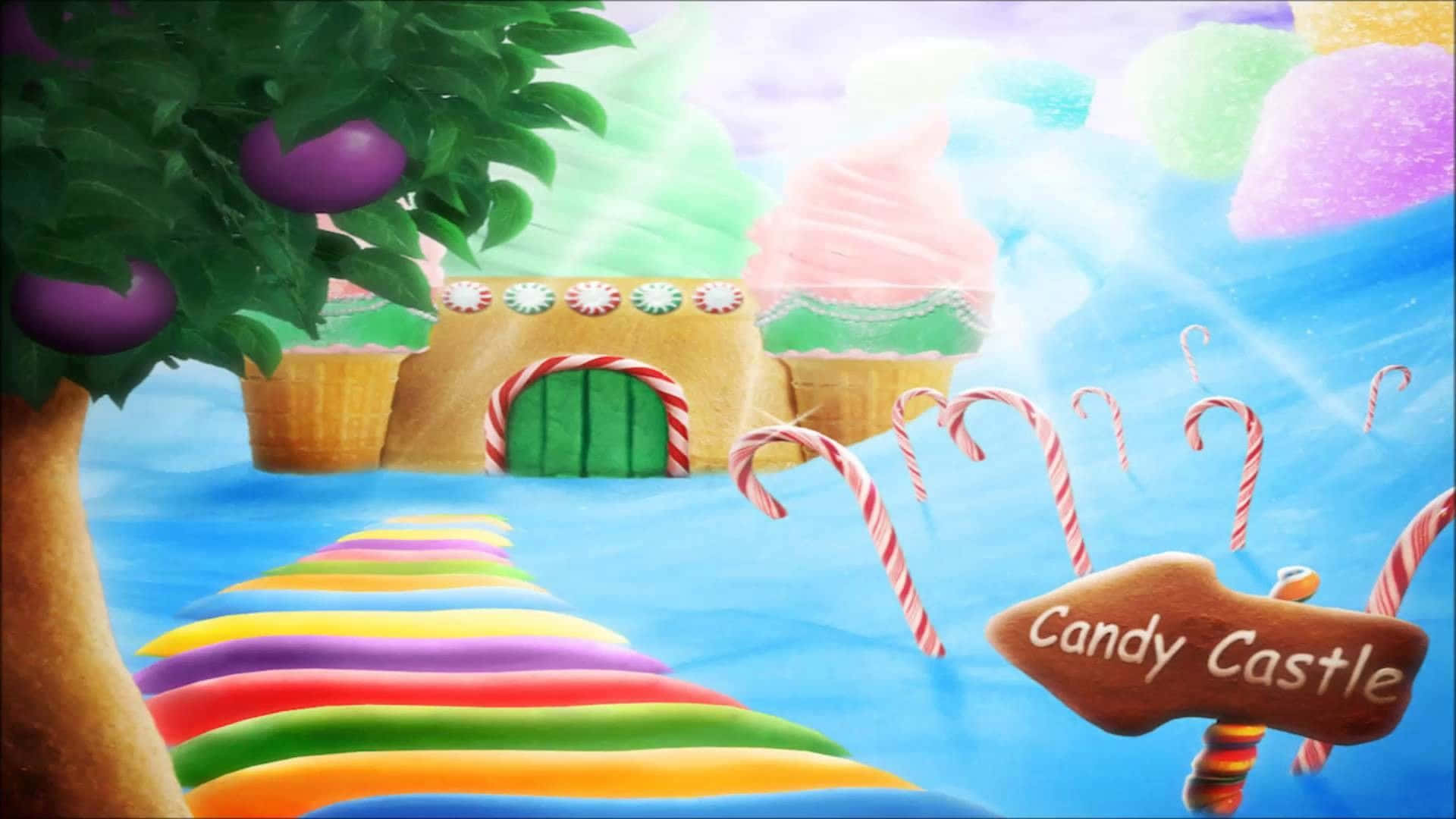 Candy Land, rainbow path, castle made of ice cream and candy canes, Full HD Desktop Wallpaper