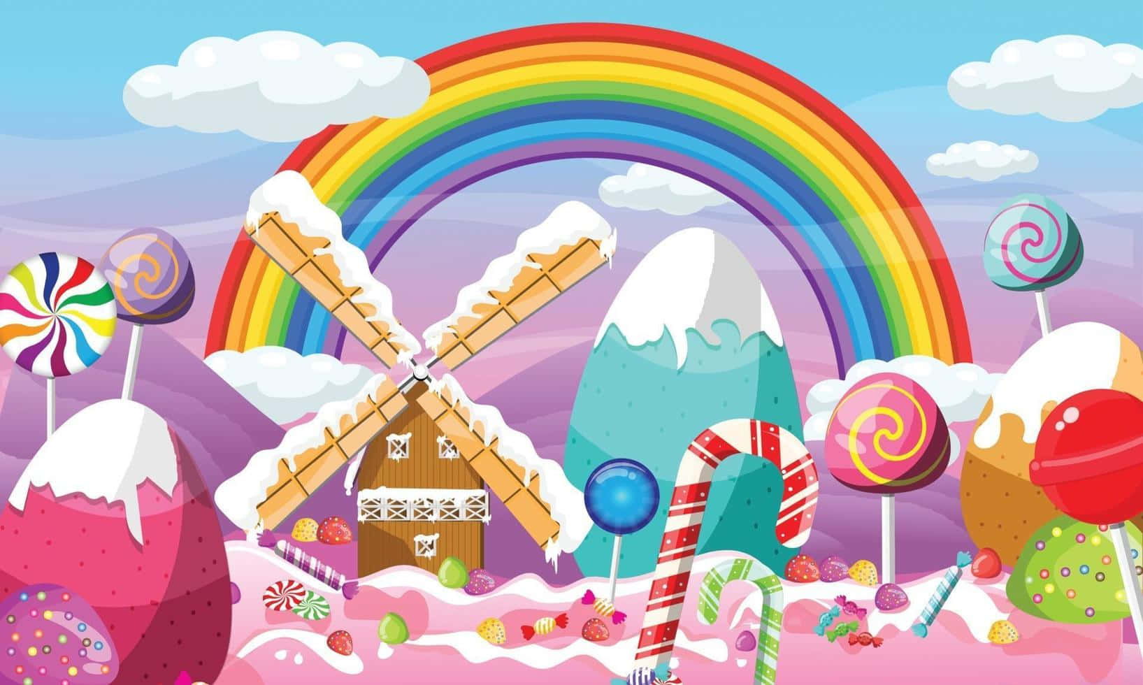 Candy Land, rainbow, snow-capped windmill, HD Desktop Wallpaper