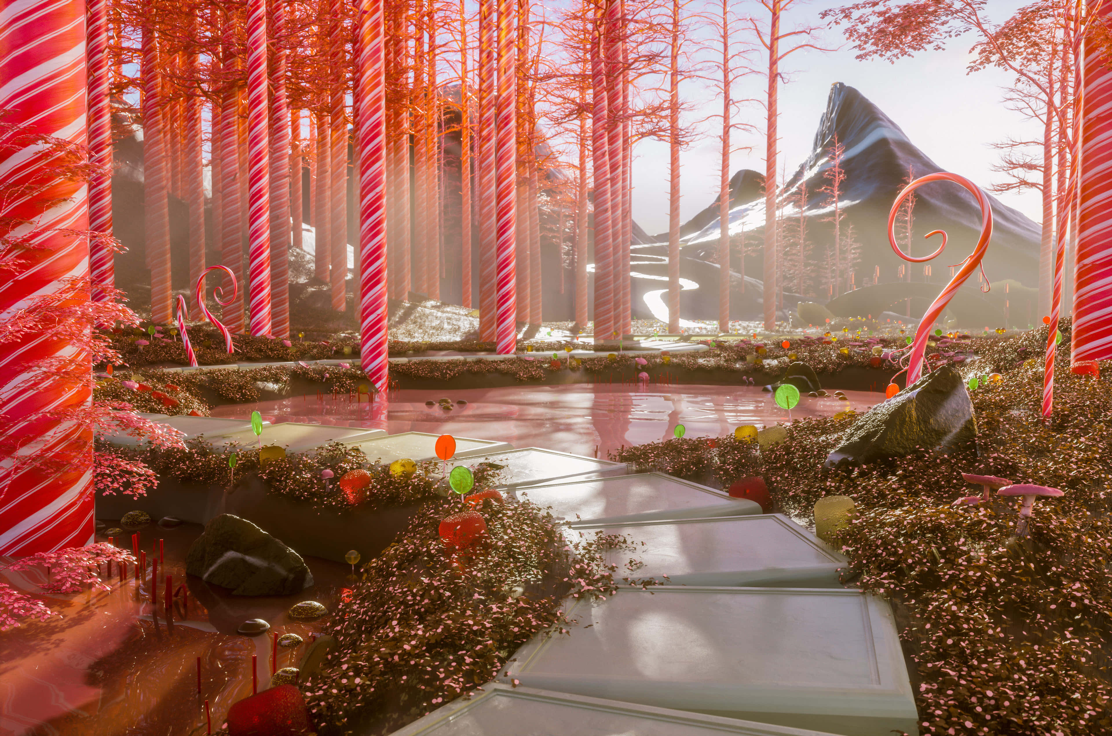 candy cane forest, giant striped candy canes, glowing mushrooms, 4K Desktop Wallpaper