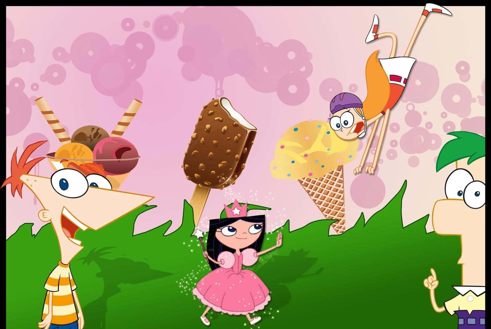 Candy Land, pink bubble background, giant ice cream treats, HD Desktop Wallpaper