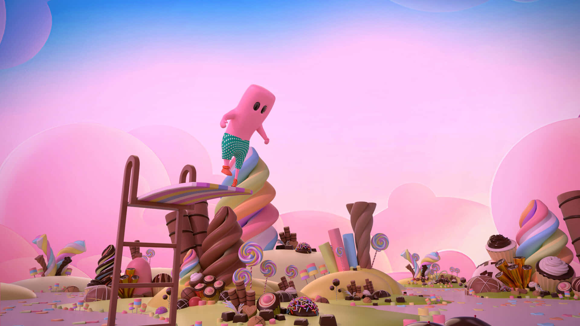 Candy Land, pink marshmallow character, rainbow swirl, Full HD Desktop Wallpaper