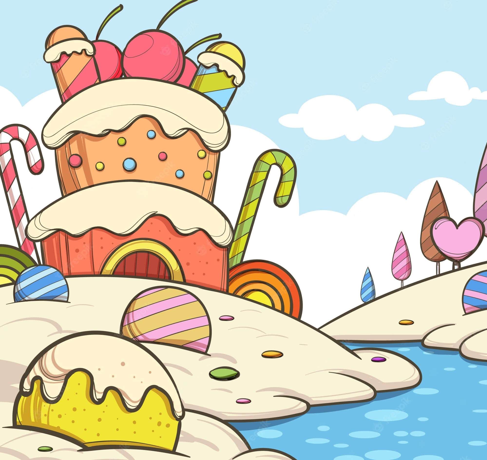 Candy Land, giant cake house, cherries, Full HD Desktop Wallpaper