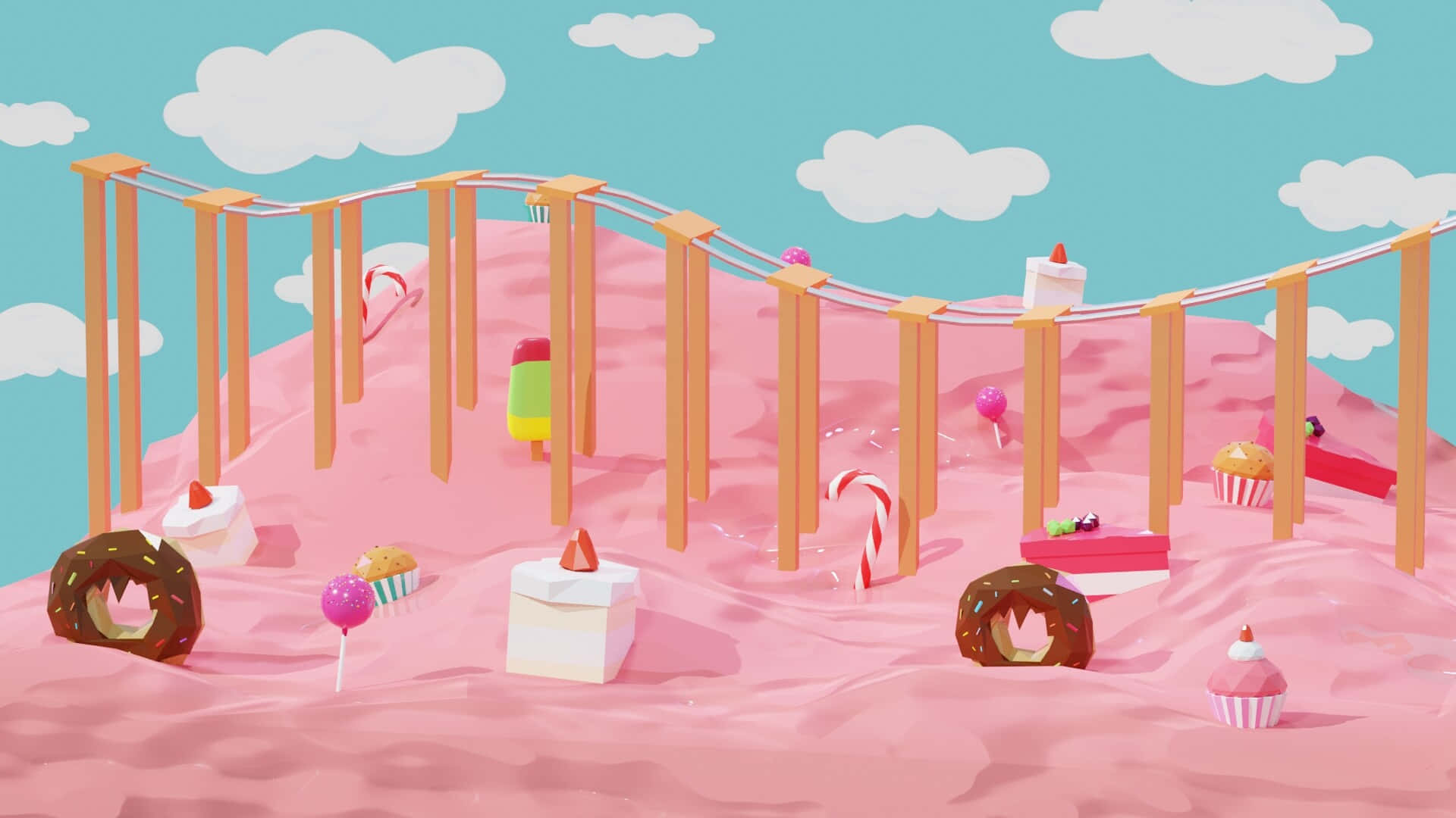 Candy Land, pink candy terrain, donuts, Full HD Desktop Wallpaper