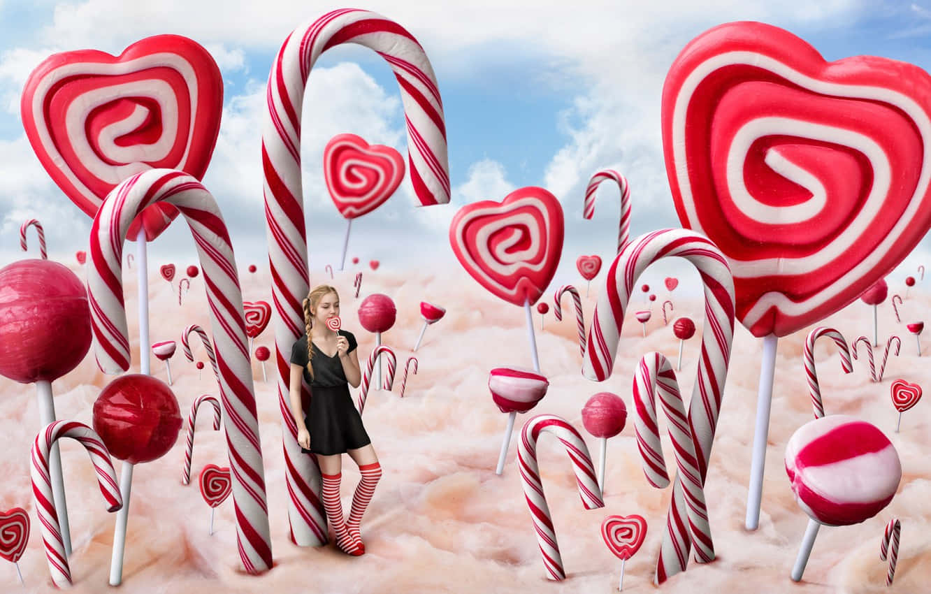 Candy Land, giant red and white striped candy canes, heart lollipops, HD Desktop Wallpaper