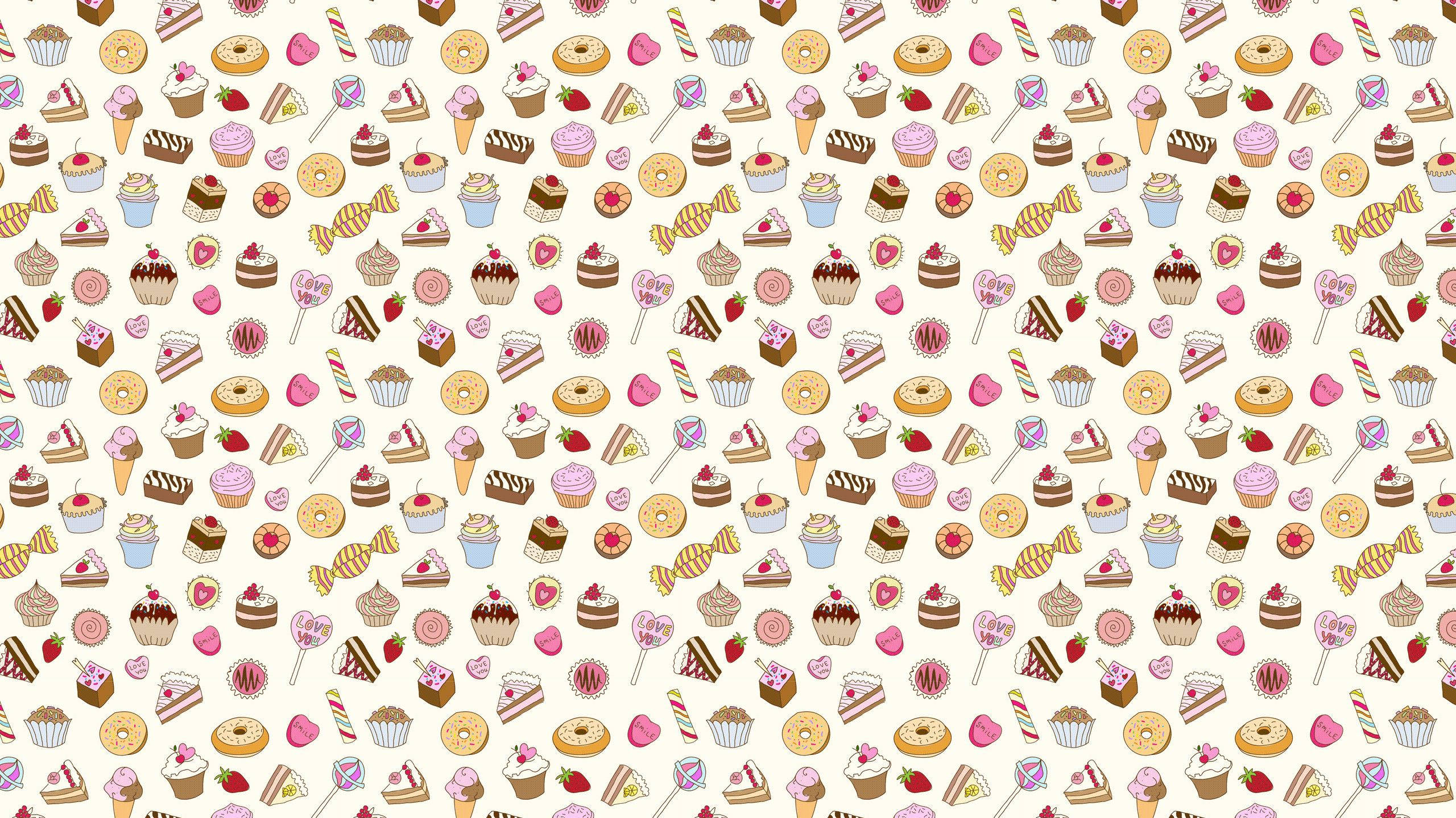 candies drawing pattern, cupcakes, donuts, 2K Desktop Wallpaper