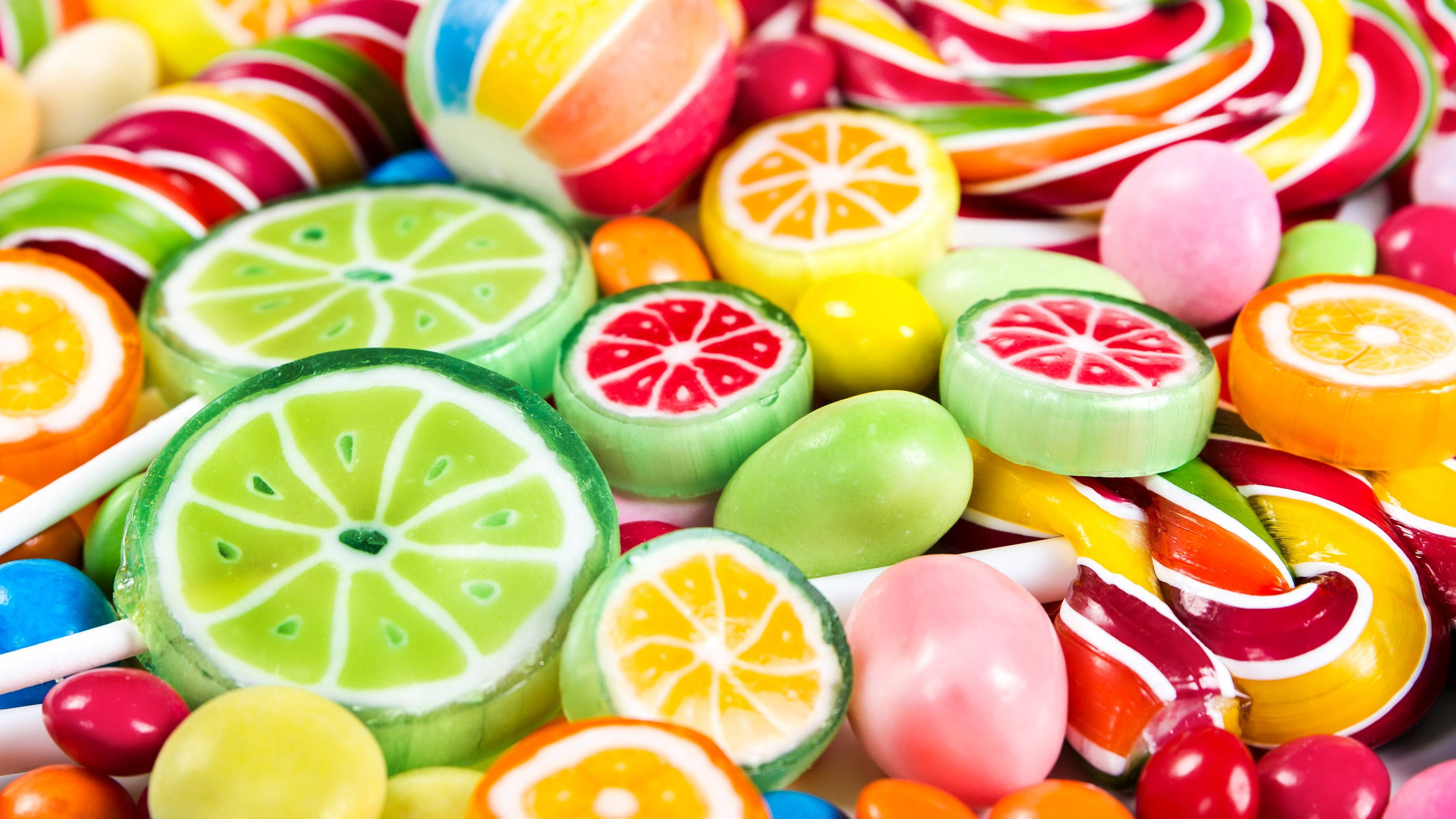 assorted sliced fruits candies, citrus-themed candies, lollipops, 4K Desktop Wallpaper