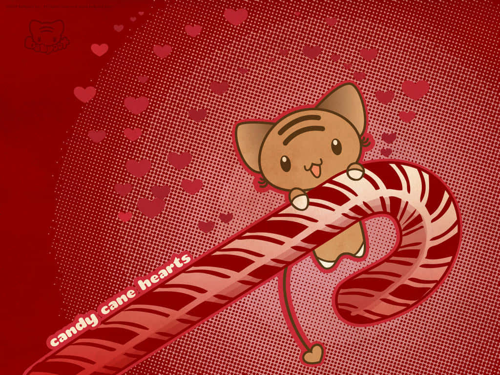 cute cartoon cat, giant candy cane, hearts, SD Desktop Wallpaper
